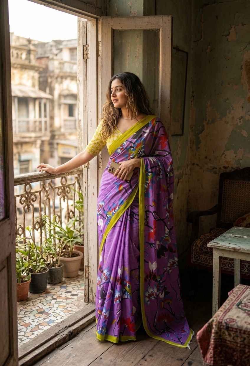 Purple Pure Soft Malmal Cotton Floral Print Cotton Saree