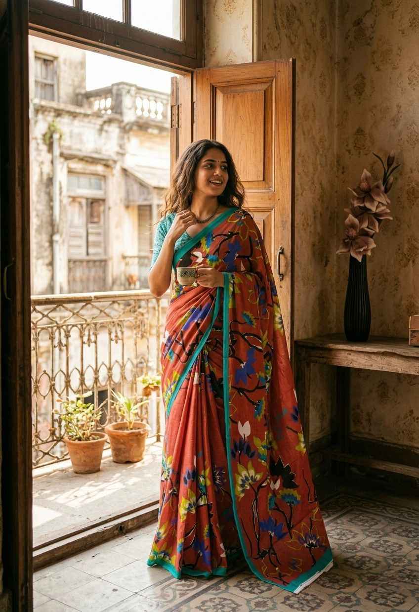 Orange Pure Soft Malmal Cotton Floral Print Cotton Saree