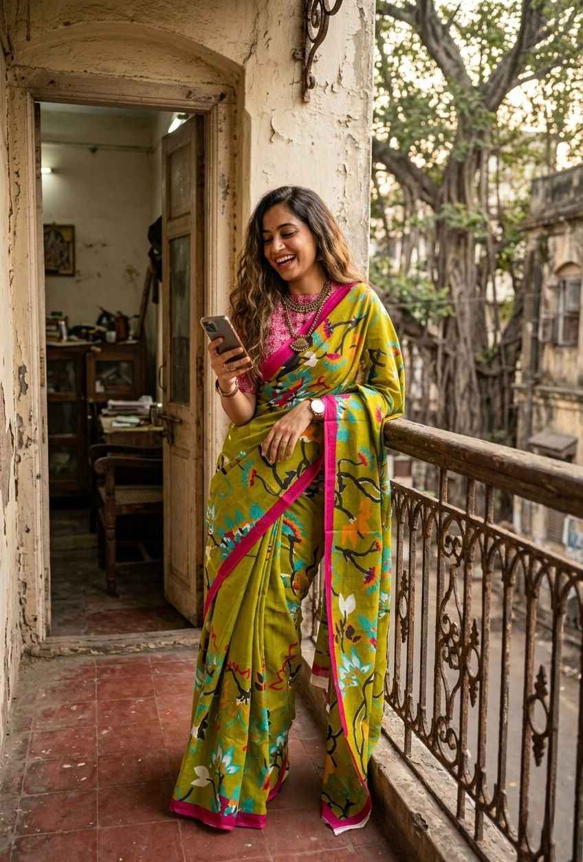 Green Pure Soft Malmal Cotton Floral Print Cotton Saree