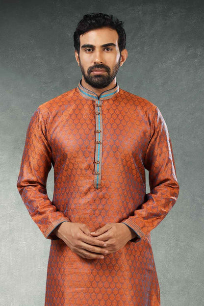 Brown Pure Soft Jequard Silk Brocade Kurta Pajama