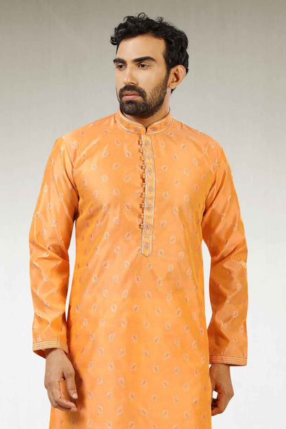 Peach Pure Soft Jequard Silk Brocade Kurta Pajama
