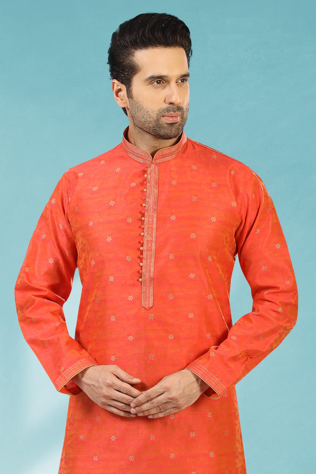 Rust Pure Soft Jequard Silk Brocade Kurta Pajama