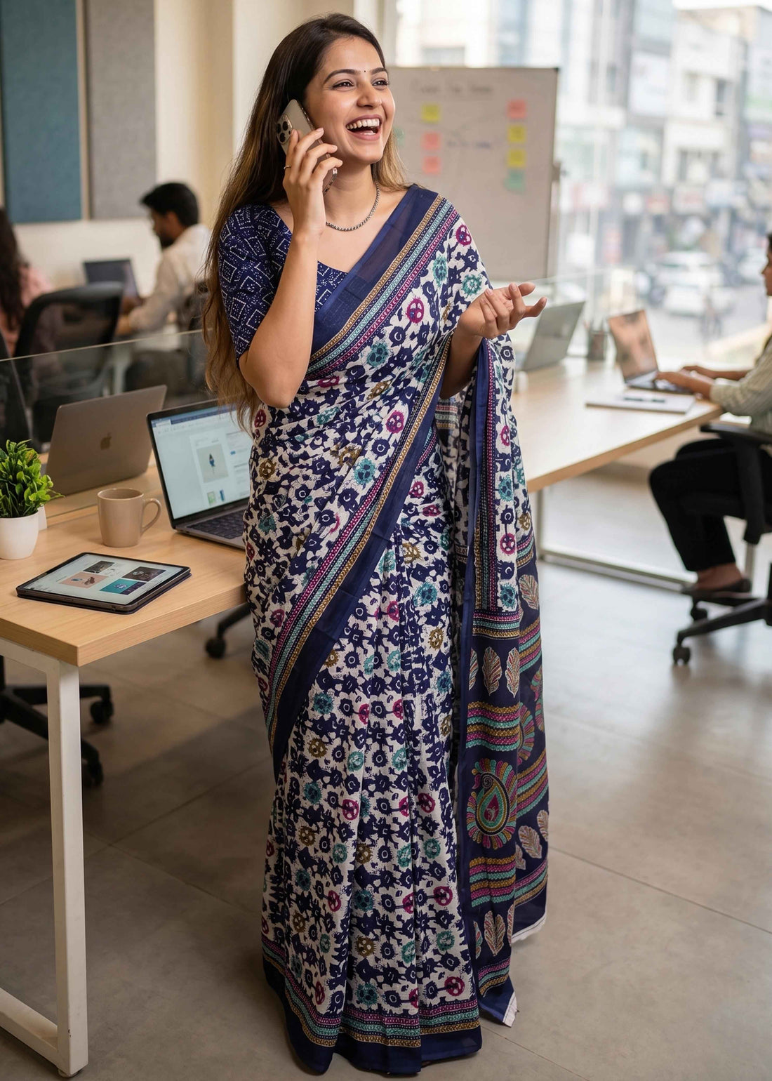 Blue Pure Soft Malmal Cotton Floral Print Cotton Saree