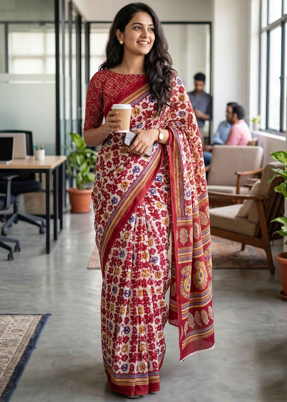 Red Pure Soft Malmal Cotton Floral Print Cotton Saree