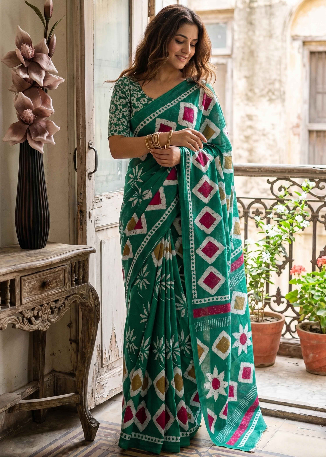 Green Pure Soft Malmal Cotton Batik Hand Block Cotton Saree