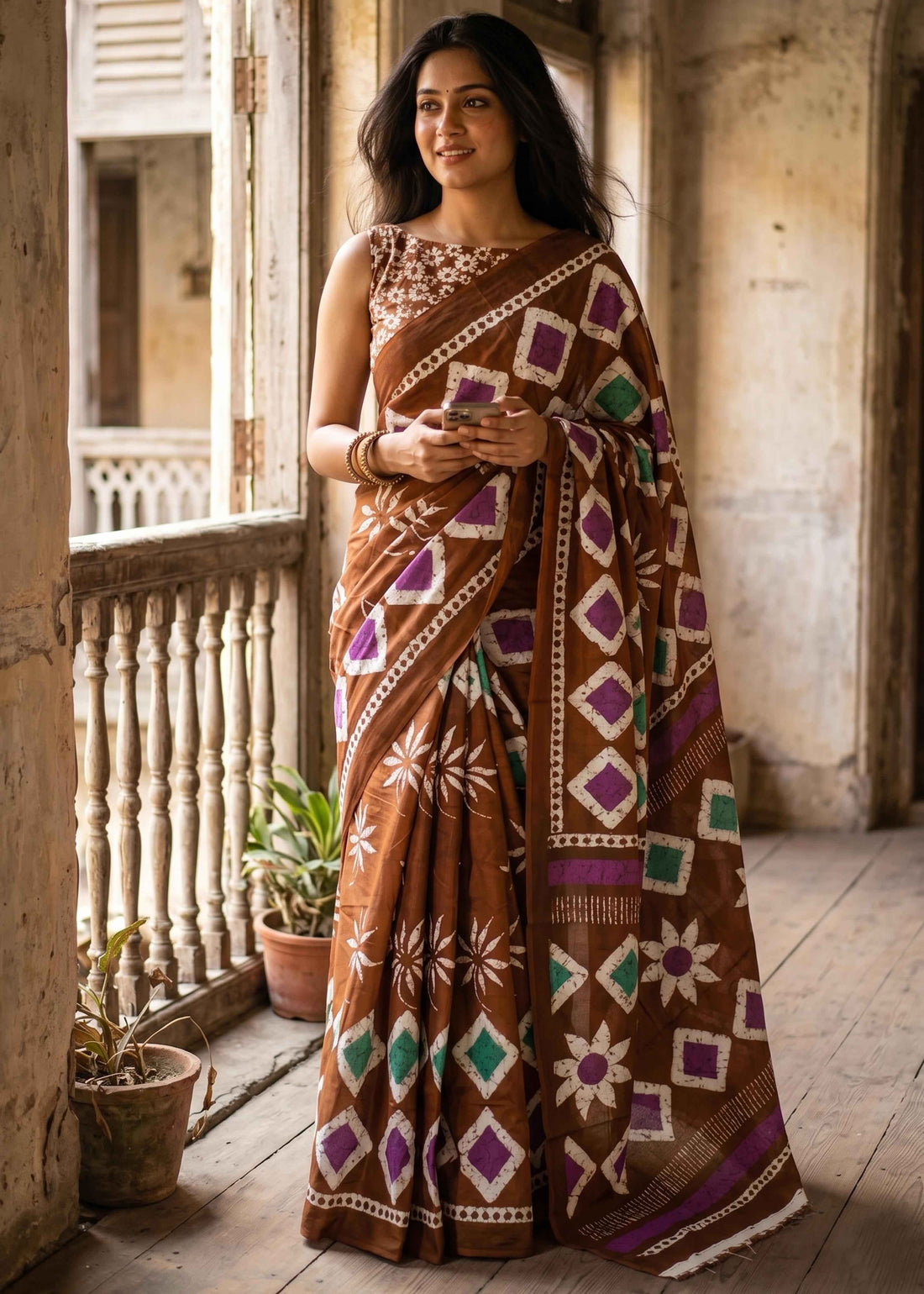 Brown Pure Soft Malmal Cotton Batik Hand Block Cotton Saree