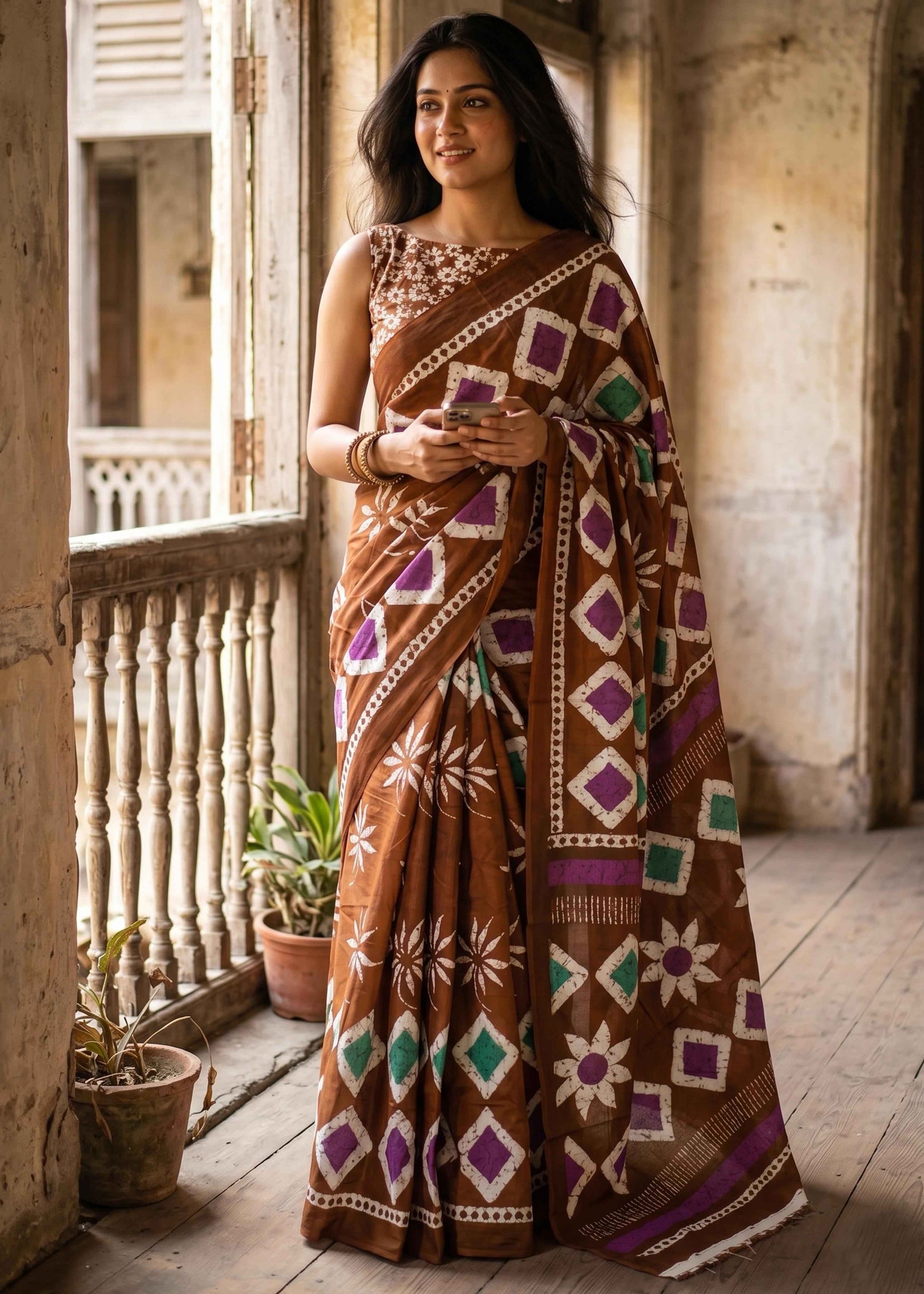 Brown Pure Soft Malmal Cotton Batik Hand Block Cotton Saree