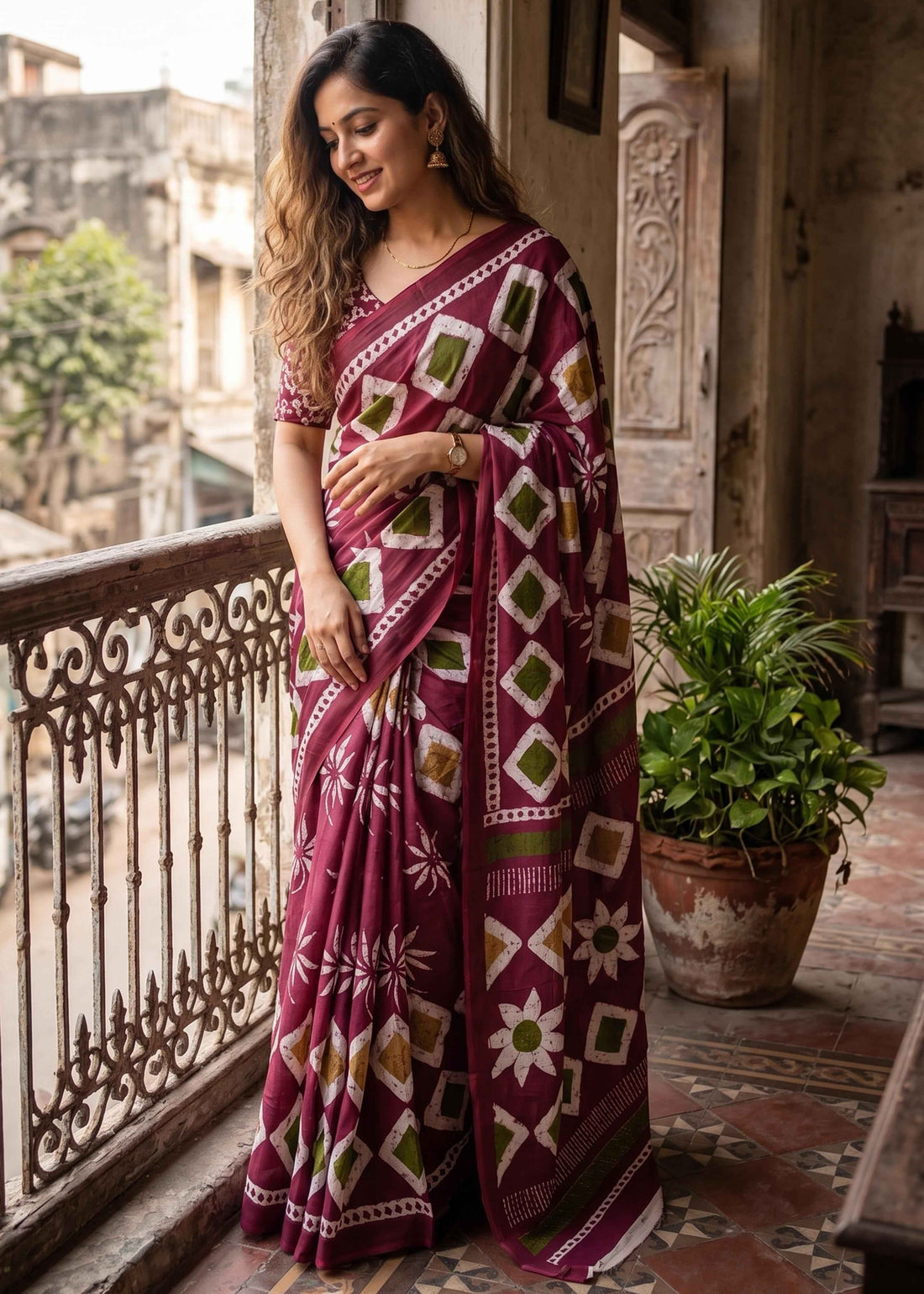 Purple Pure Soft Malmal Cotton Batik Hand Block Cotton Saree