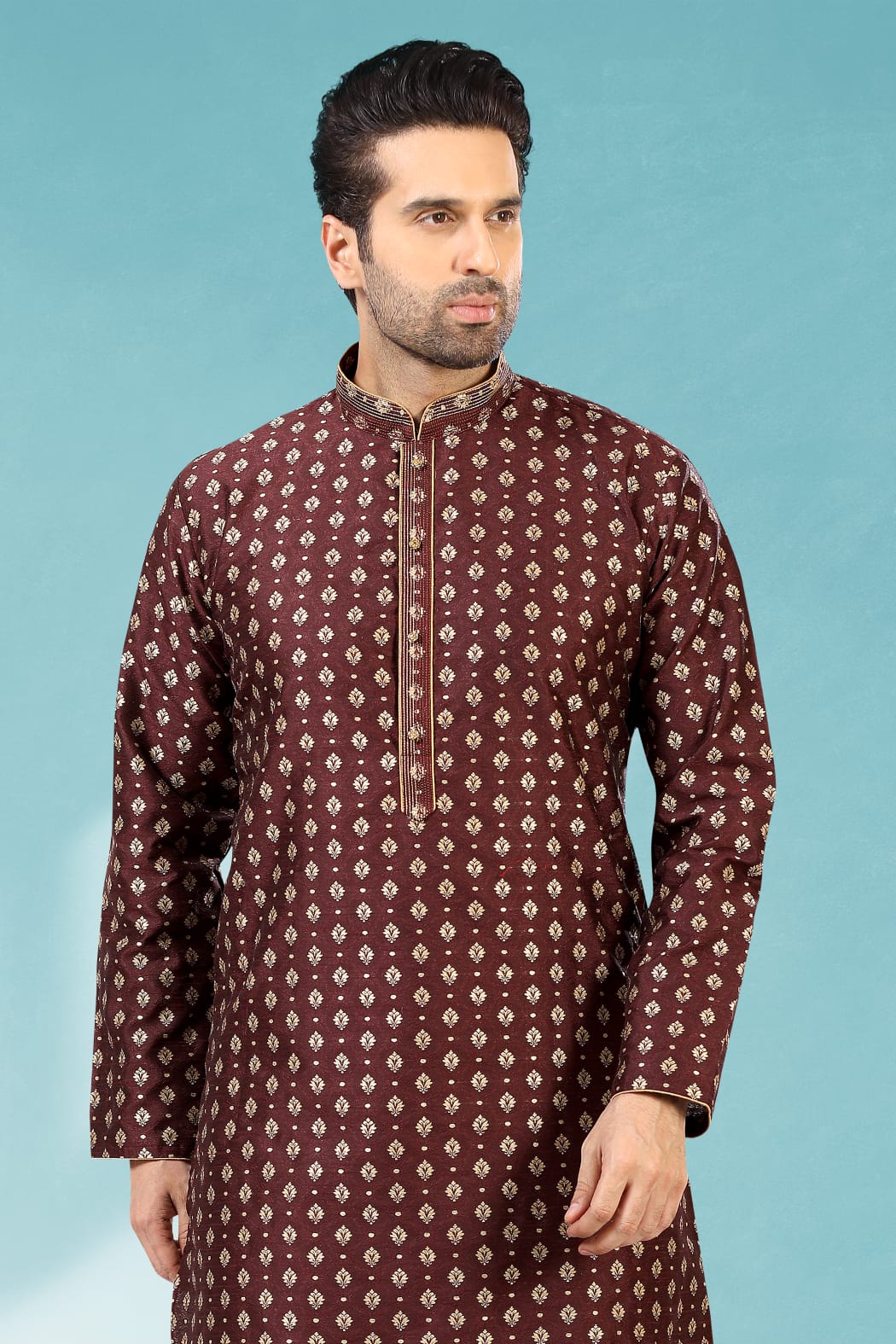 Brown Pure Soft Jequard Silk Brocade Kurta Pajama