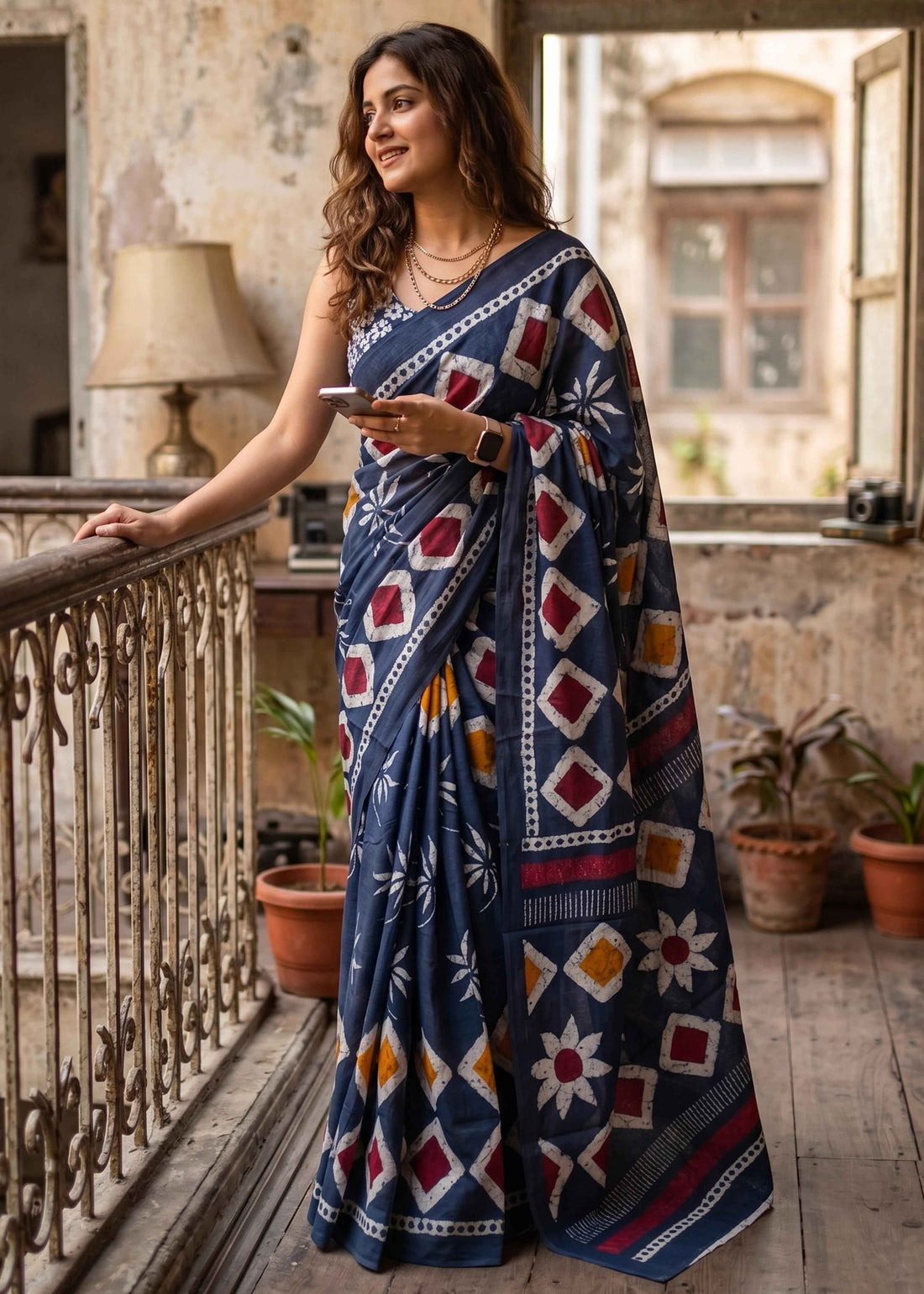 Blue Pure Soft Malmal Cotton Batik Hand Block Cotton Saree