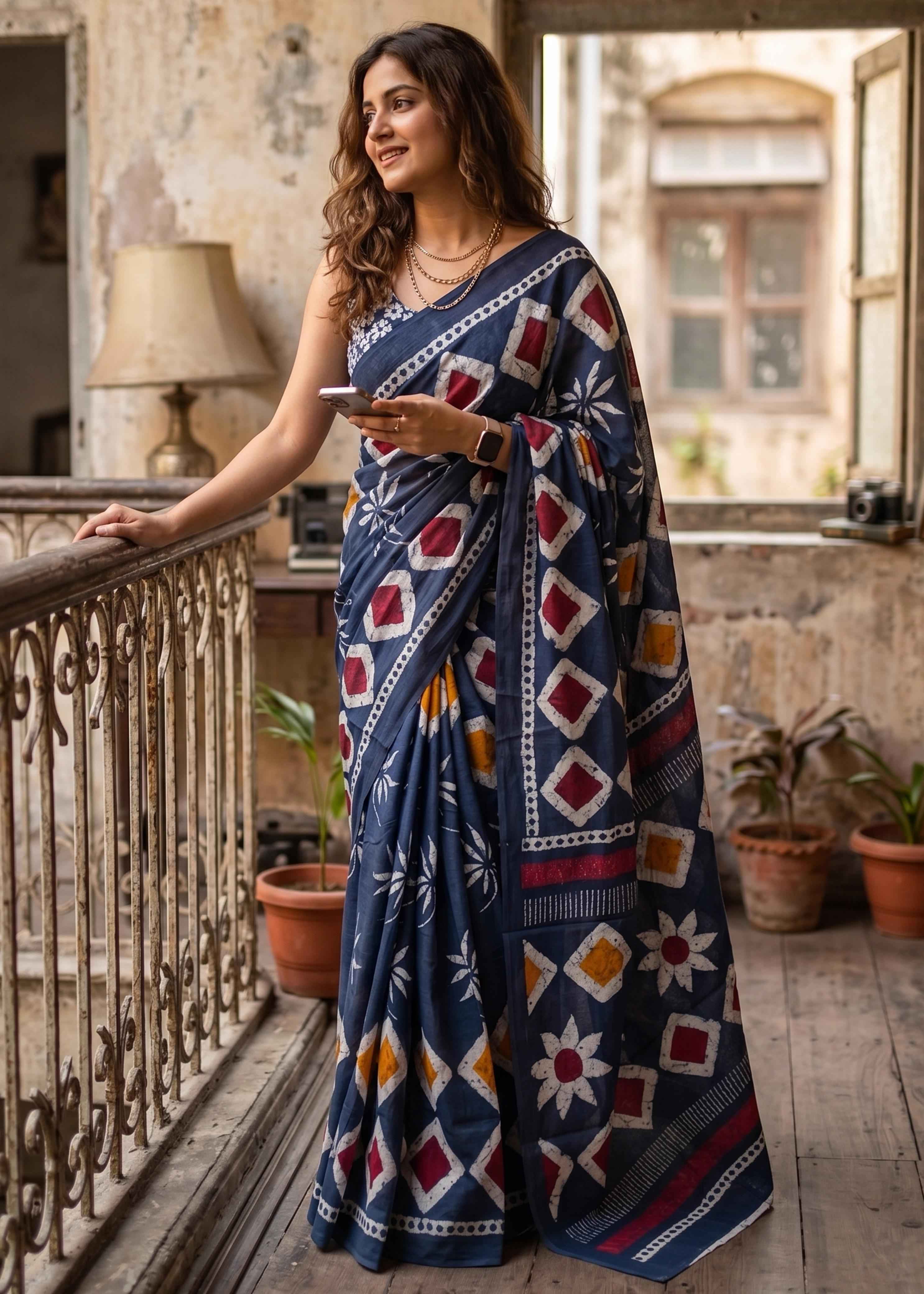 Blue Pure Soft Malmal Cotton Batik Hand Block Cotton Saree