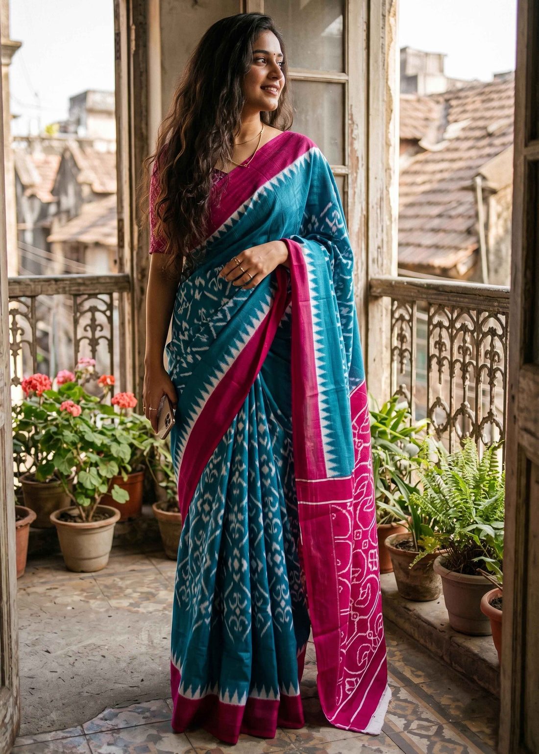 Blue Pure Soft Malmal Cotton Ikkat Hand Block Cotton Saree