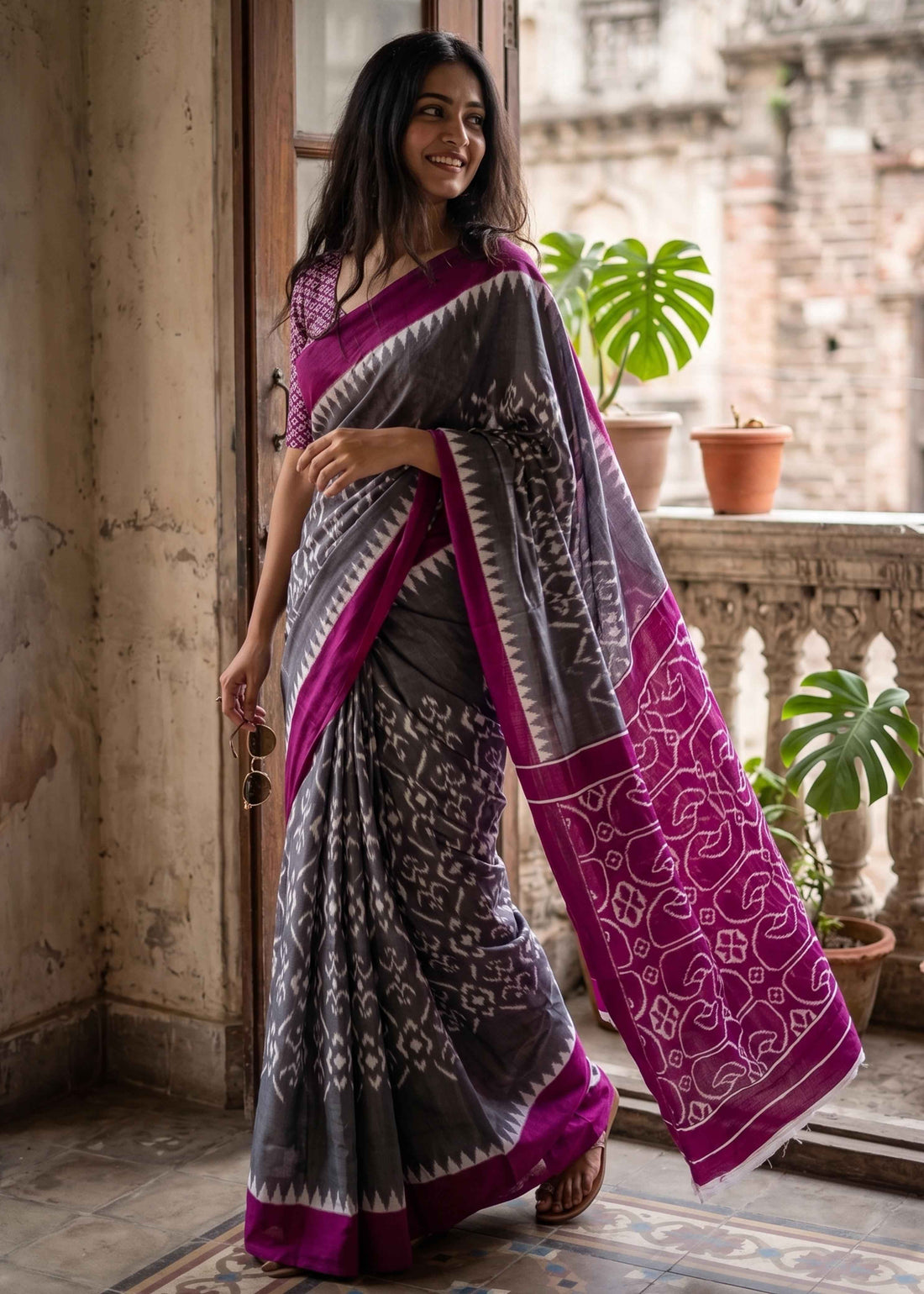 Grey Pure Soft Malmal Cotton Ikkat Hand Block Cotton Saree