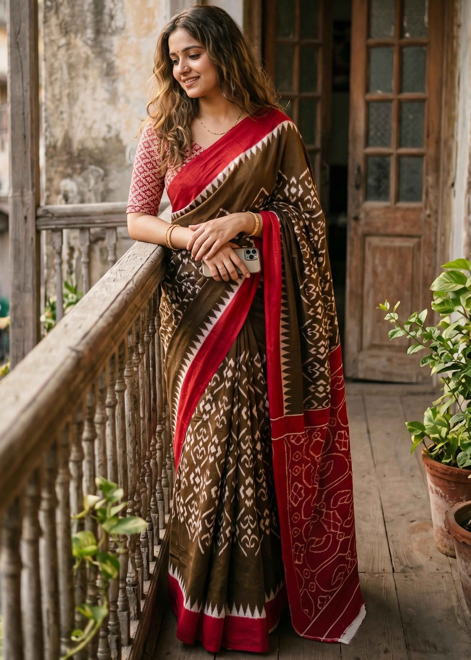 Brown Pure Soft Malmal Cotton Ikkat Hand Block Cotton Saree