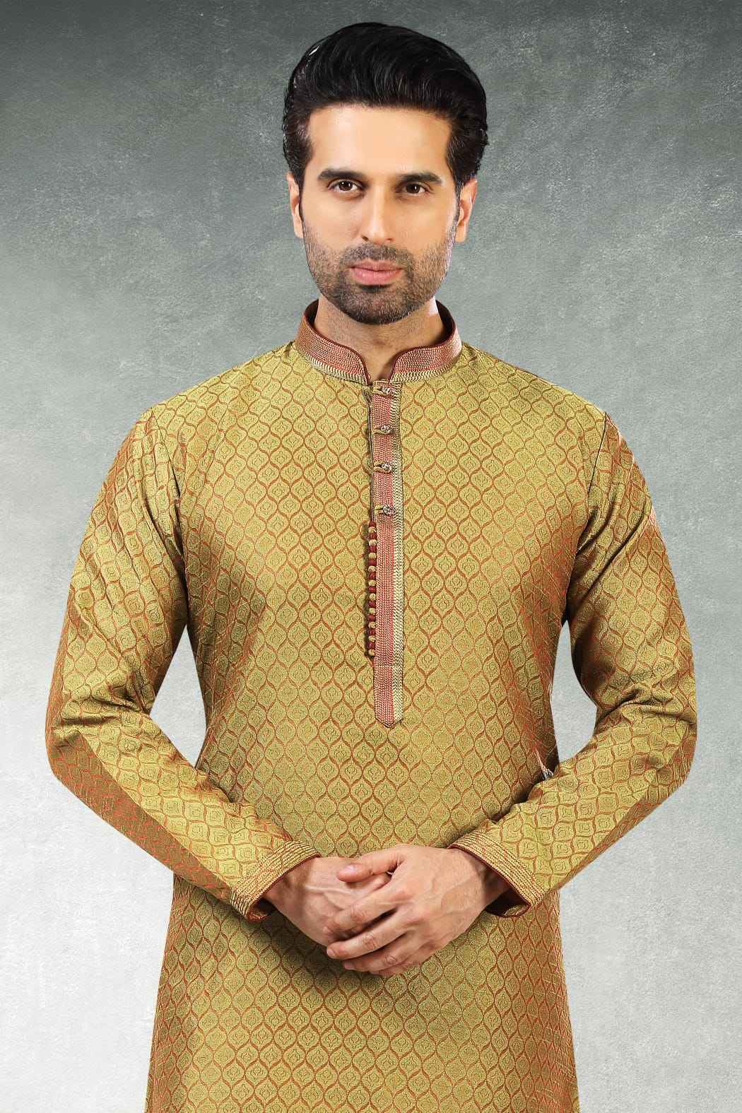 Gold Pure Soft Jequard Silk Brocade Kurta Pajama