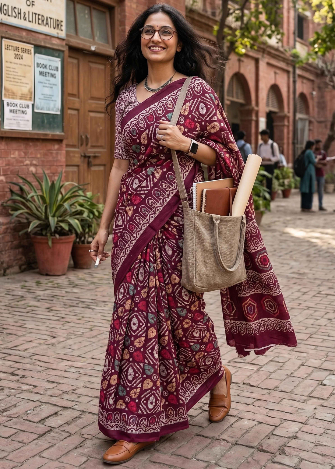 Maroon Pure Soft Malmal Cotton Batik Hand Block Cotton Saree
