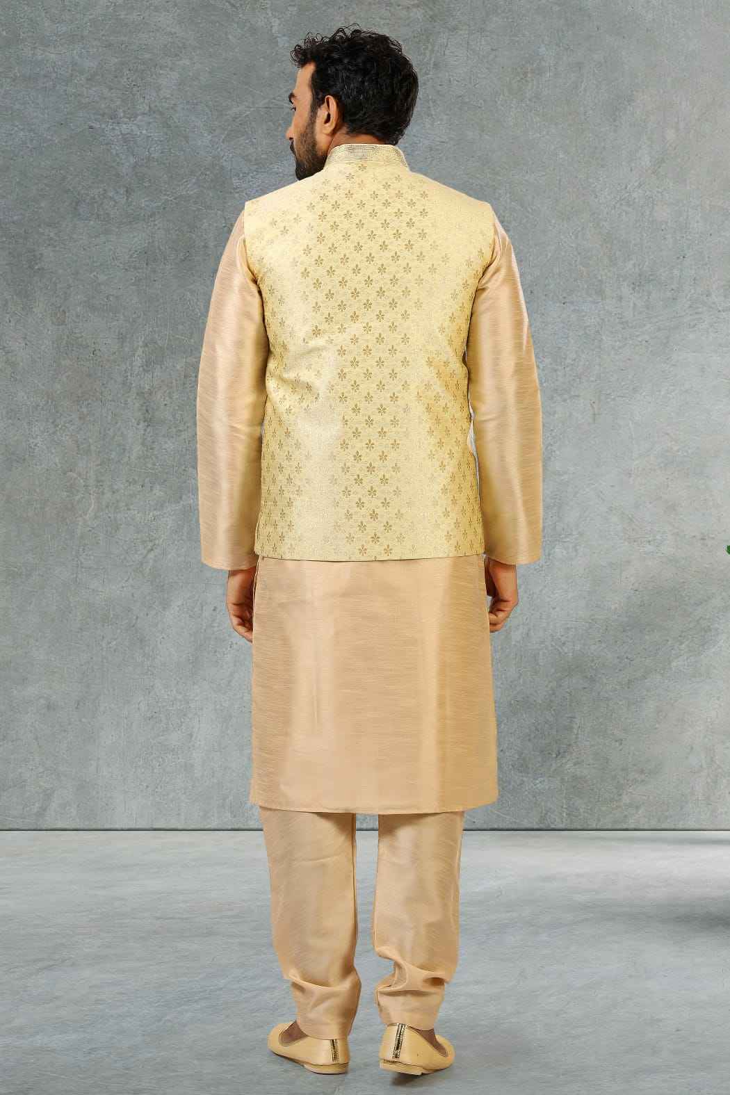 Gold Pure Soft Jequard Banarasi Silk 3 Pcs Kurta Pajama with Koti Jacket Set