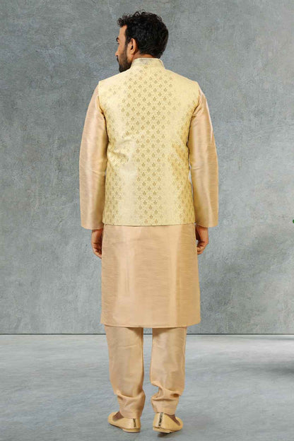 Gold Pure Soft Jequard Banarasi Silk 3 Pcs Kurta Pajama with Koti Jacket Set