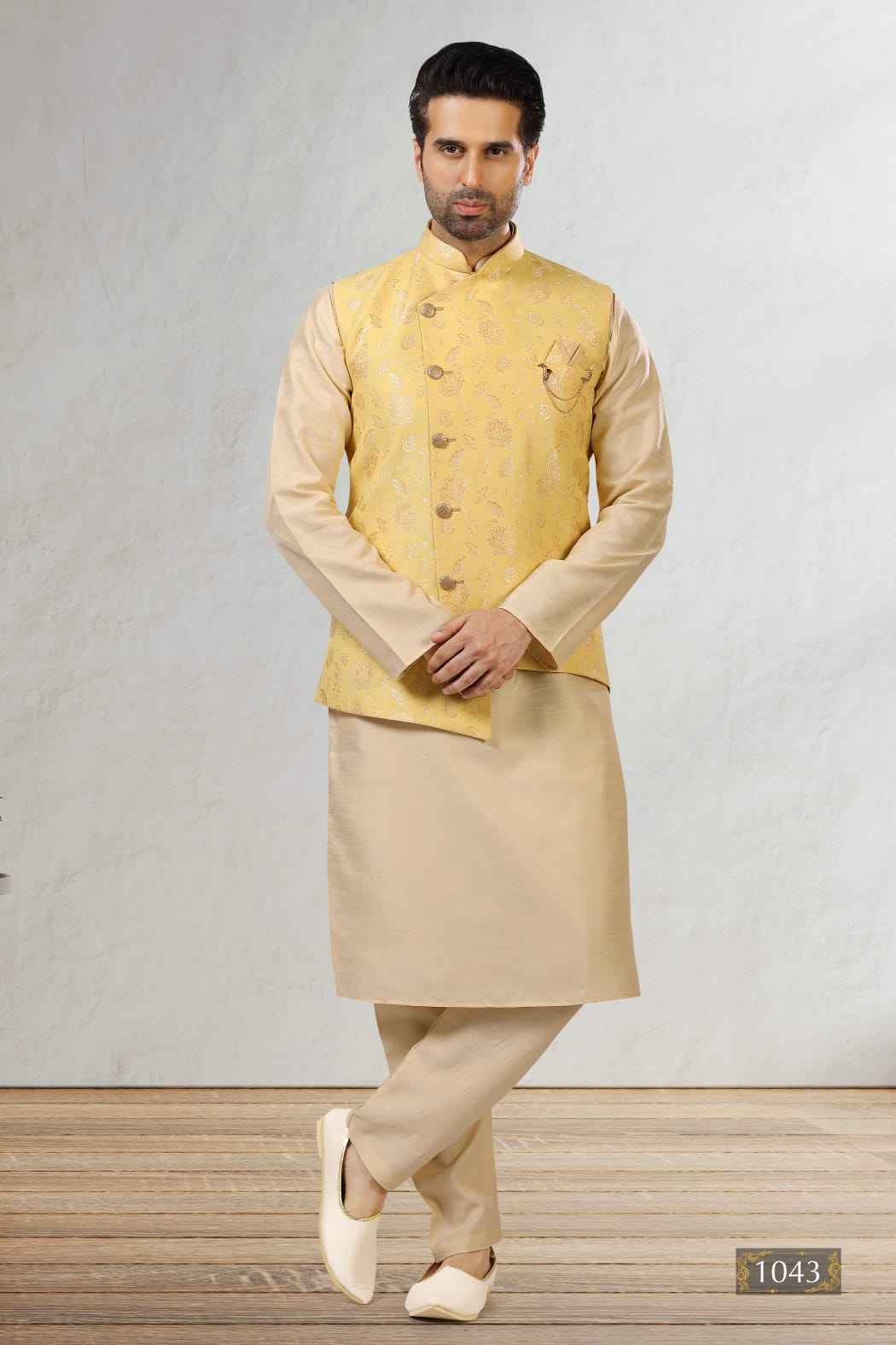 Yellow Pure Soft Jequard Banarasi Silk 3 Pcs Kurta Pajama with Koti Jacket Set