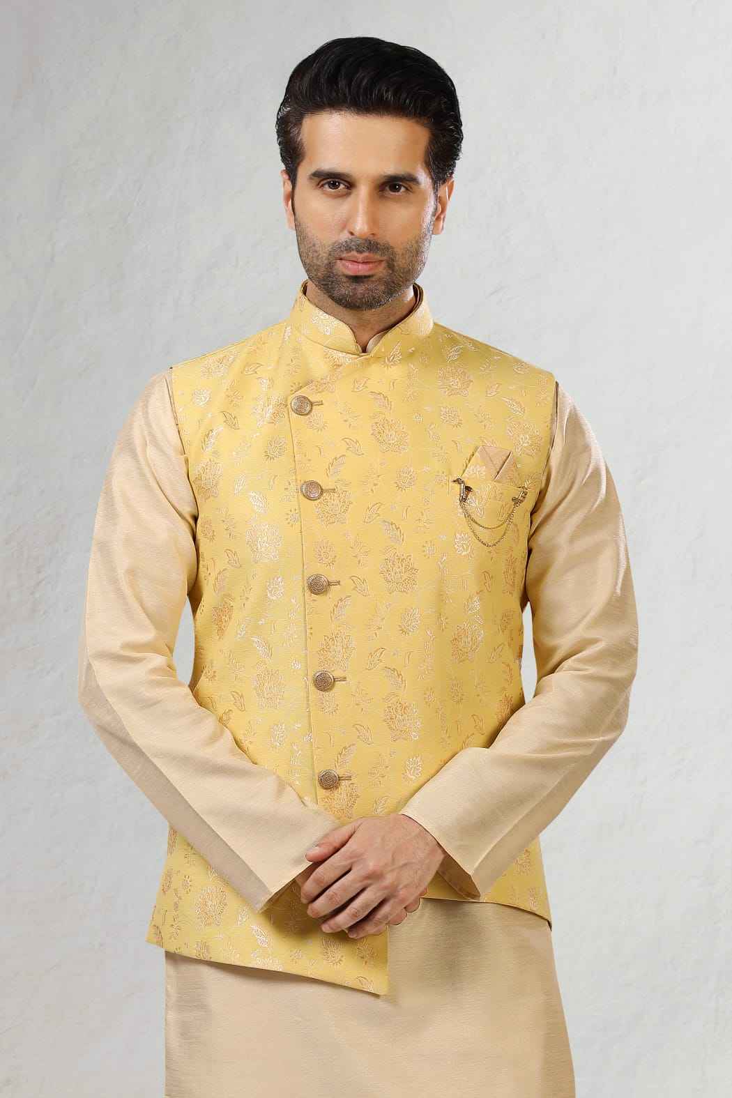 Yellow Pure Soft Jequard Banarasi Silk 3 Pcs Kurta Pajama with Koti Jacket Set