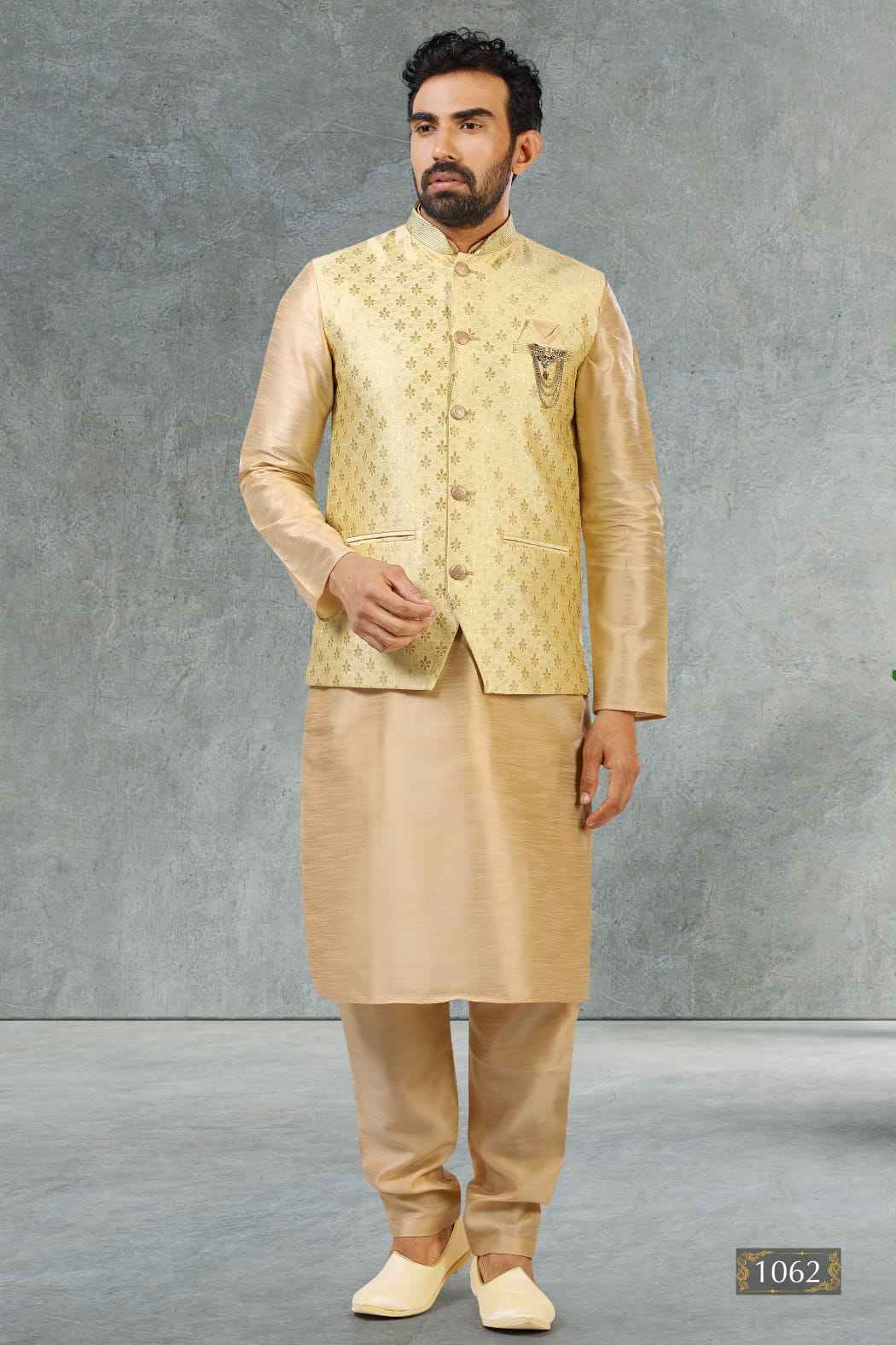 Gold Pure Soft Jequard Banarasi Silk 3 Pcs Kurta Pajama with Koti Jacket Set