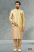 Gold Pure Soft Jequard Banarasi Silk 3 Pcs Kurta Pajama with Koti Jacket Set