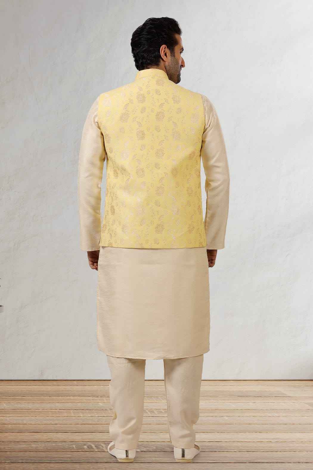 Yellow Pure Soft Jequard Banarasi Silk 3 Pcs Kurta Pajama with Koti Jacket Set