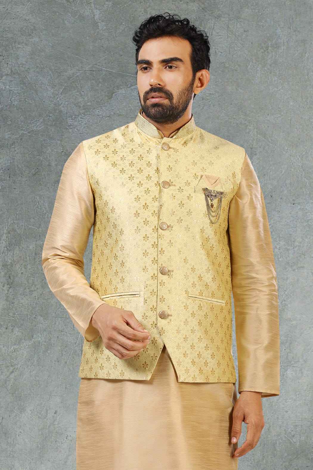 Gold Pure Soft Jequard Banarasi Silk 3 Pcs Kurta Pajama with Koti Jacket Set