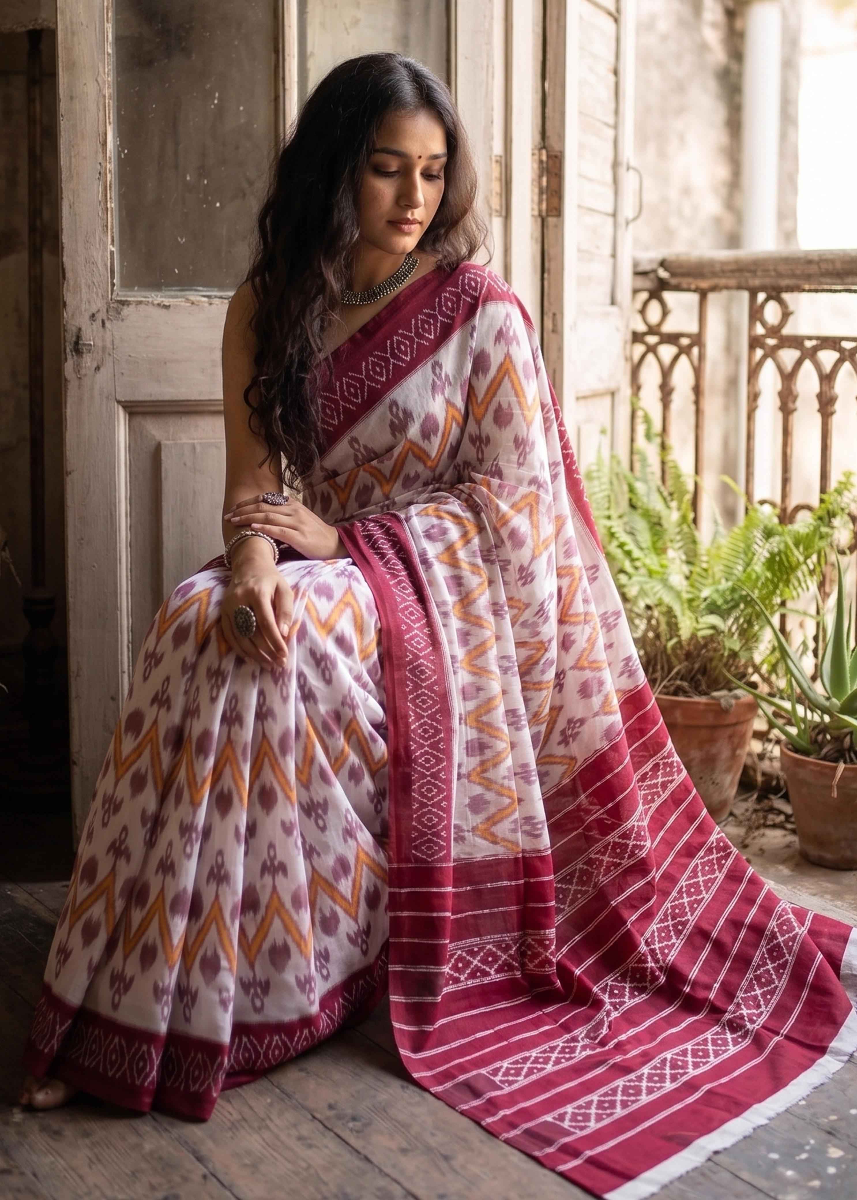 Pink Pure Soft Malmal Cotton Ikkat Hand Block Cotton Saree