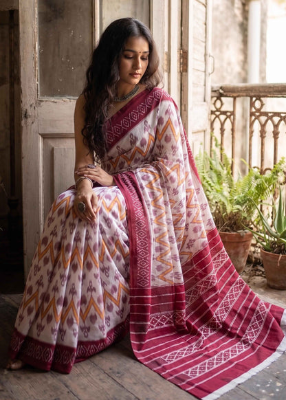 Pink Pure Soft Malmal Cotton Ikkat Hand Block Cotton Saree