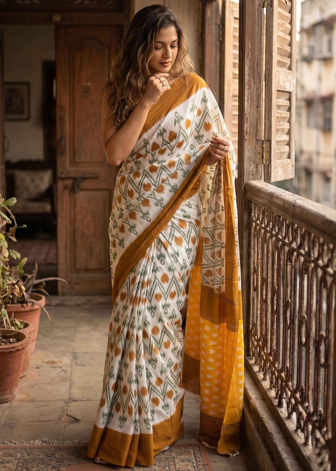 Yellow Pure Soft Malmal Cotton Ikkat Hand Block Cotton Saree