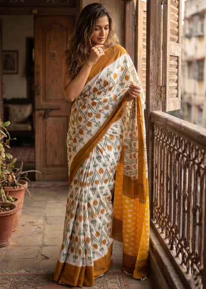 Yellow Pure Soft Malmal Cotton Ikkat Hand Block Cotton Saree