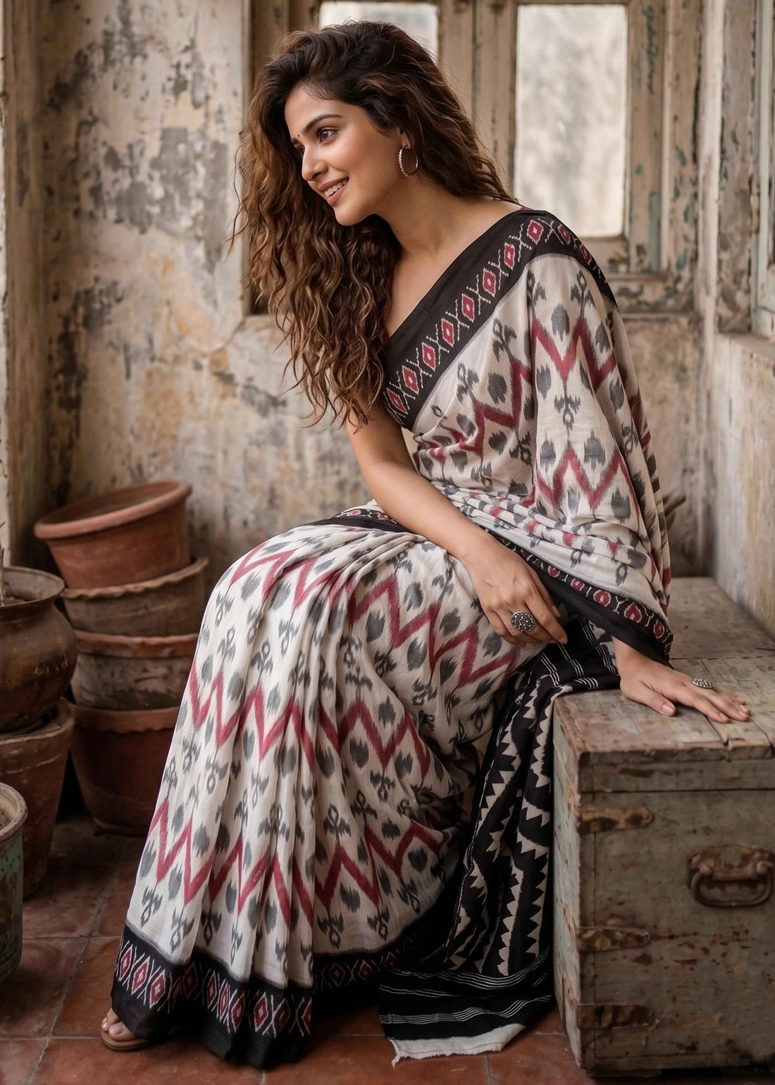 Black Pure Soft Malmal Cotton Ikkat Hand Block Cotton Saree