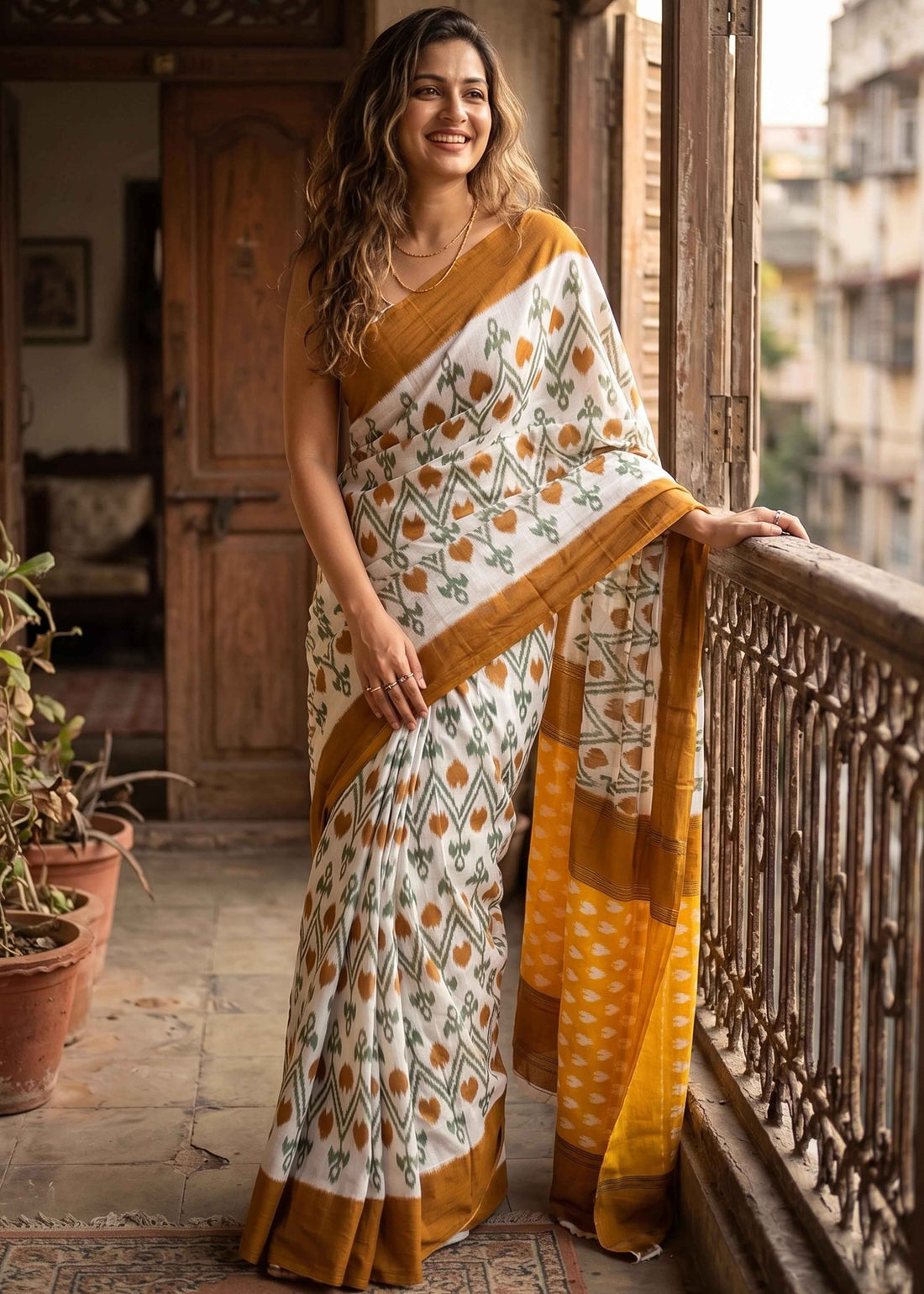 Yellow Pure Soft Malmal Cotton Ikkat Hand Block Cotton Saree