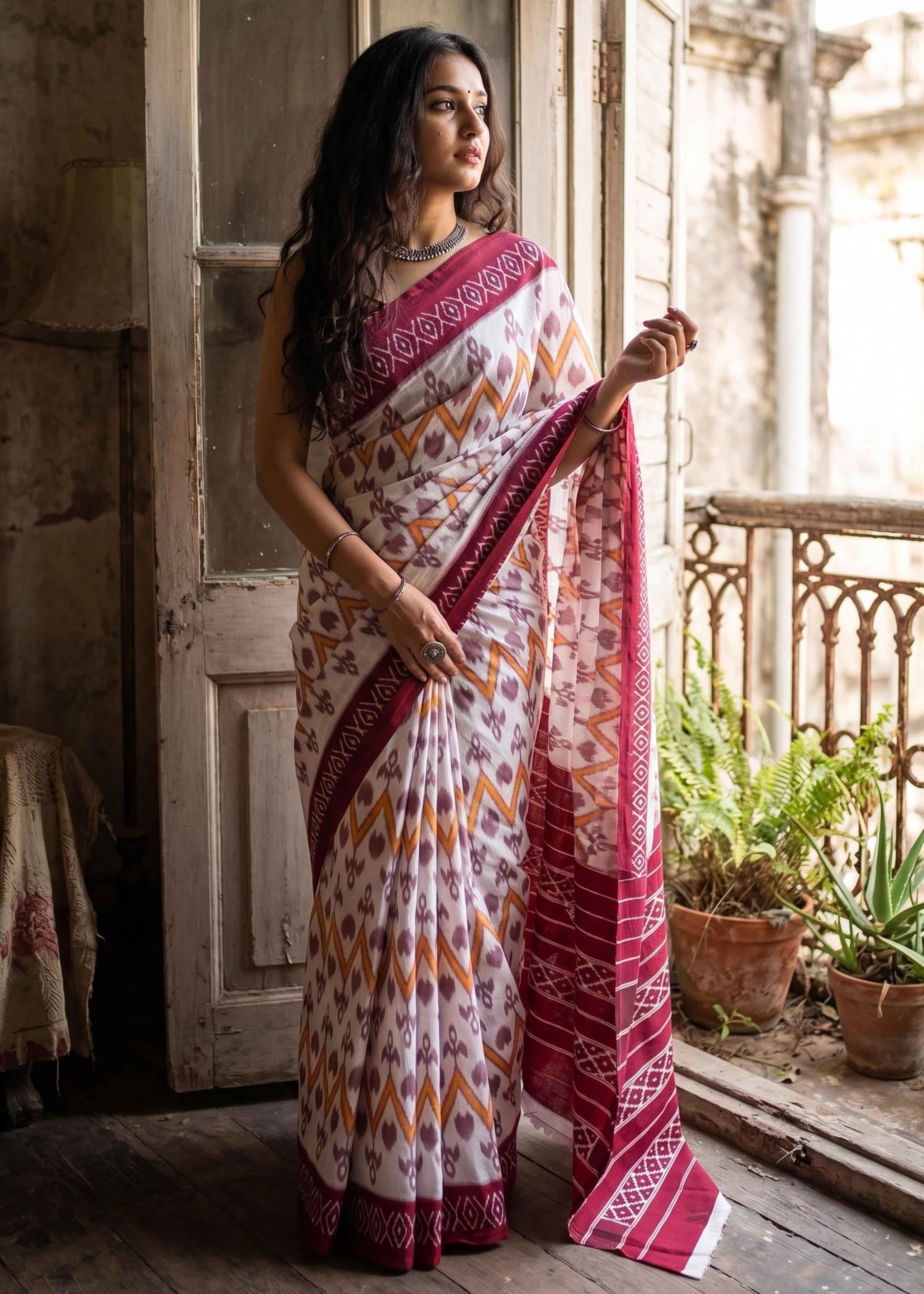 Pink Pure Soft Malmal Cotton Ikkat Hand Block Cotton Saree