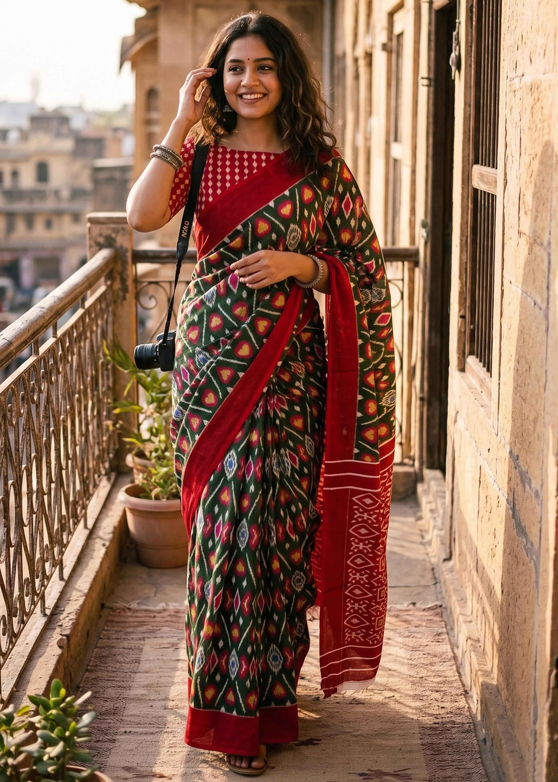 Green Pure Soft Malmal Cotton Ikkat Hand Block Cotton Saree