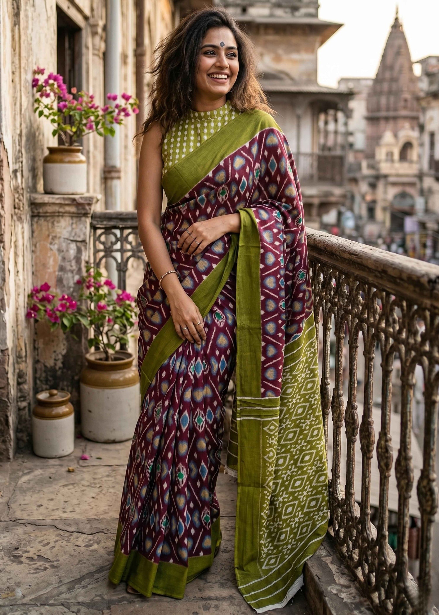 Green Pure Soft Malmal Cotton Ikkat Hand Block Cotton Saree