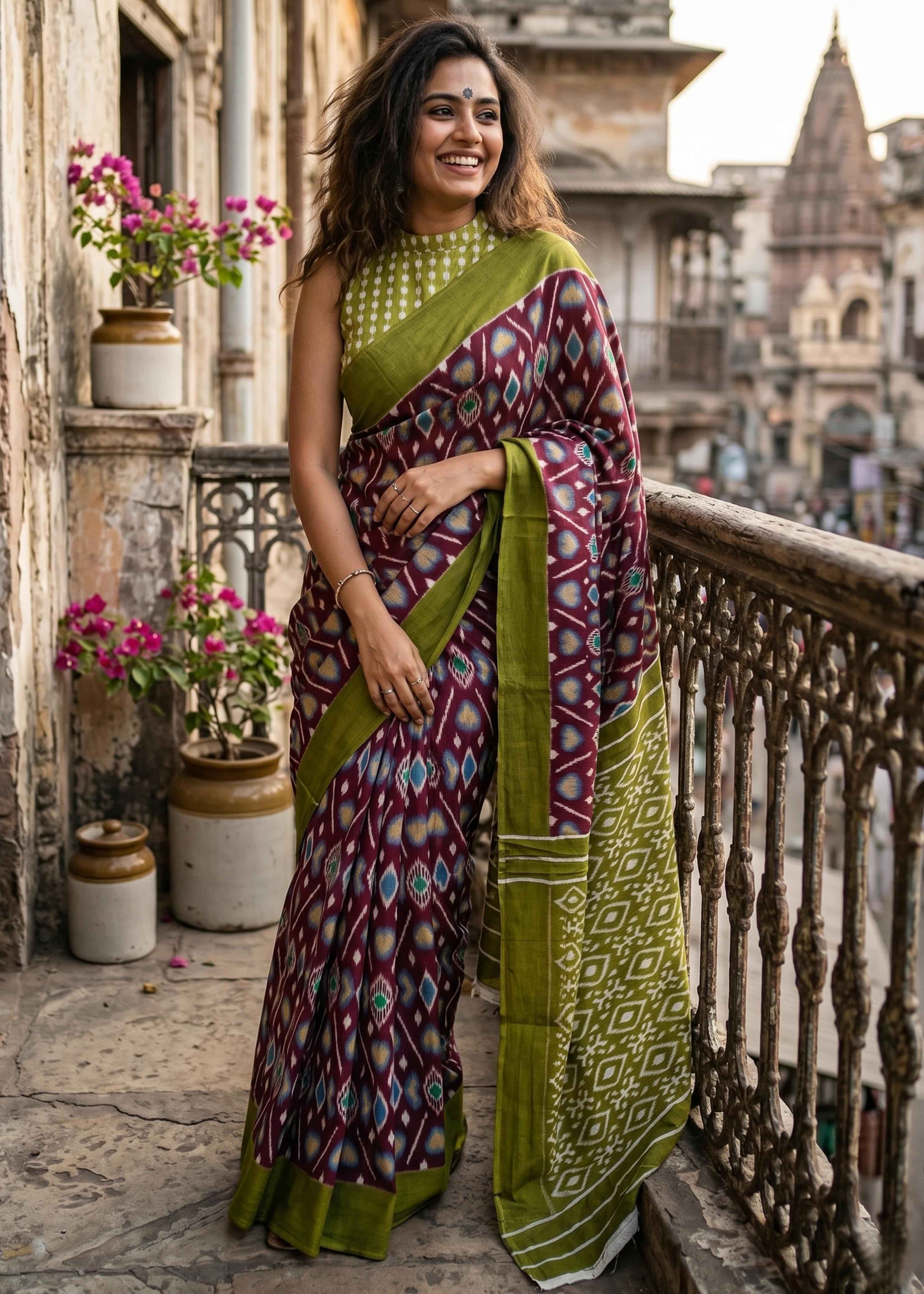 Green Pure Soft Malmal Cotton Ikkat Hand Block Cotton Saree