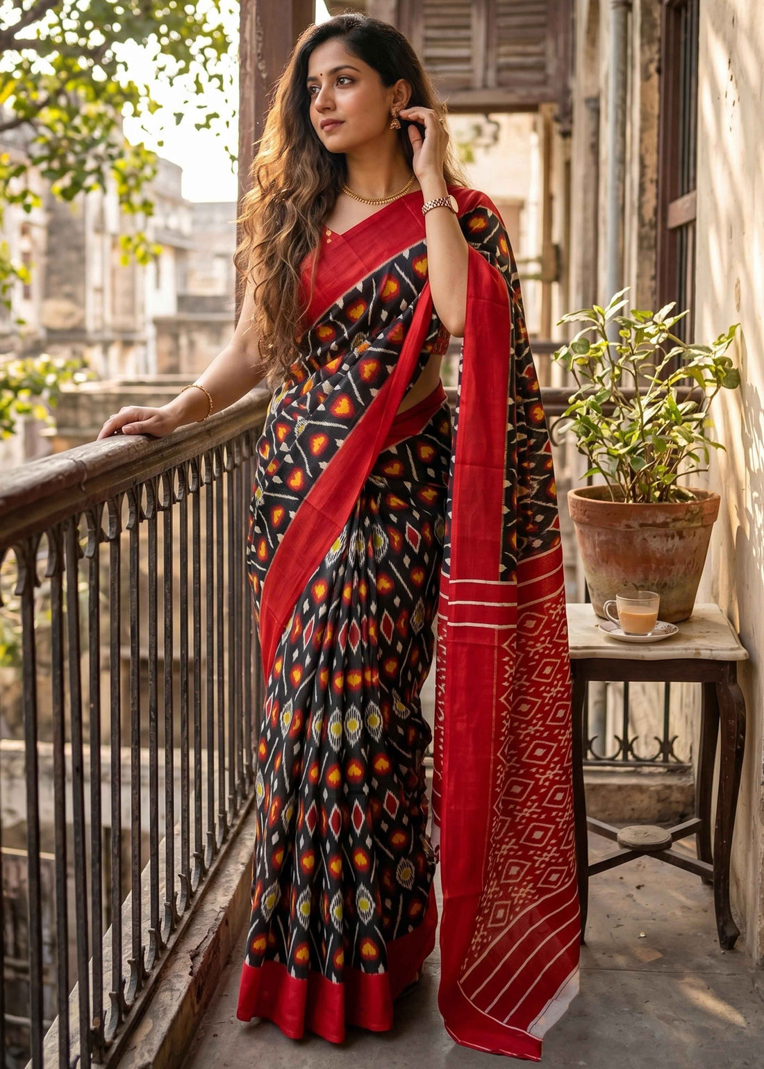 Black Pure Soft Malmal Cotton Ikkat Hand Block Cotton Saree