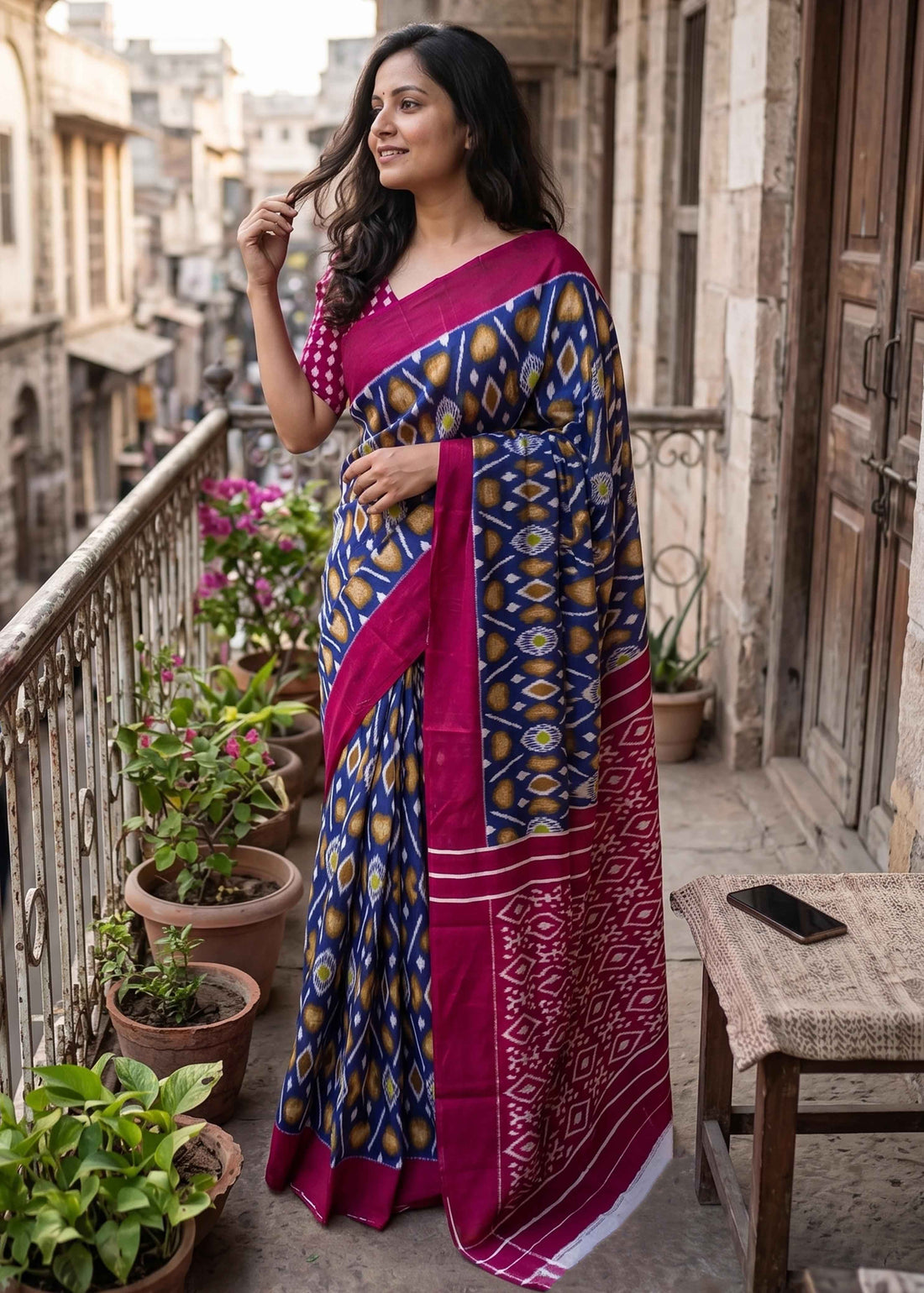 Blue Pure Soft Malmal Cotton Ikkat Hand Block Cotton Saree