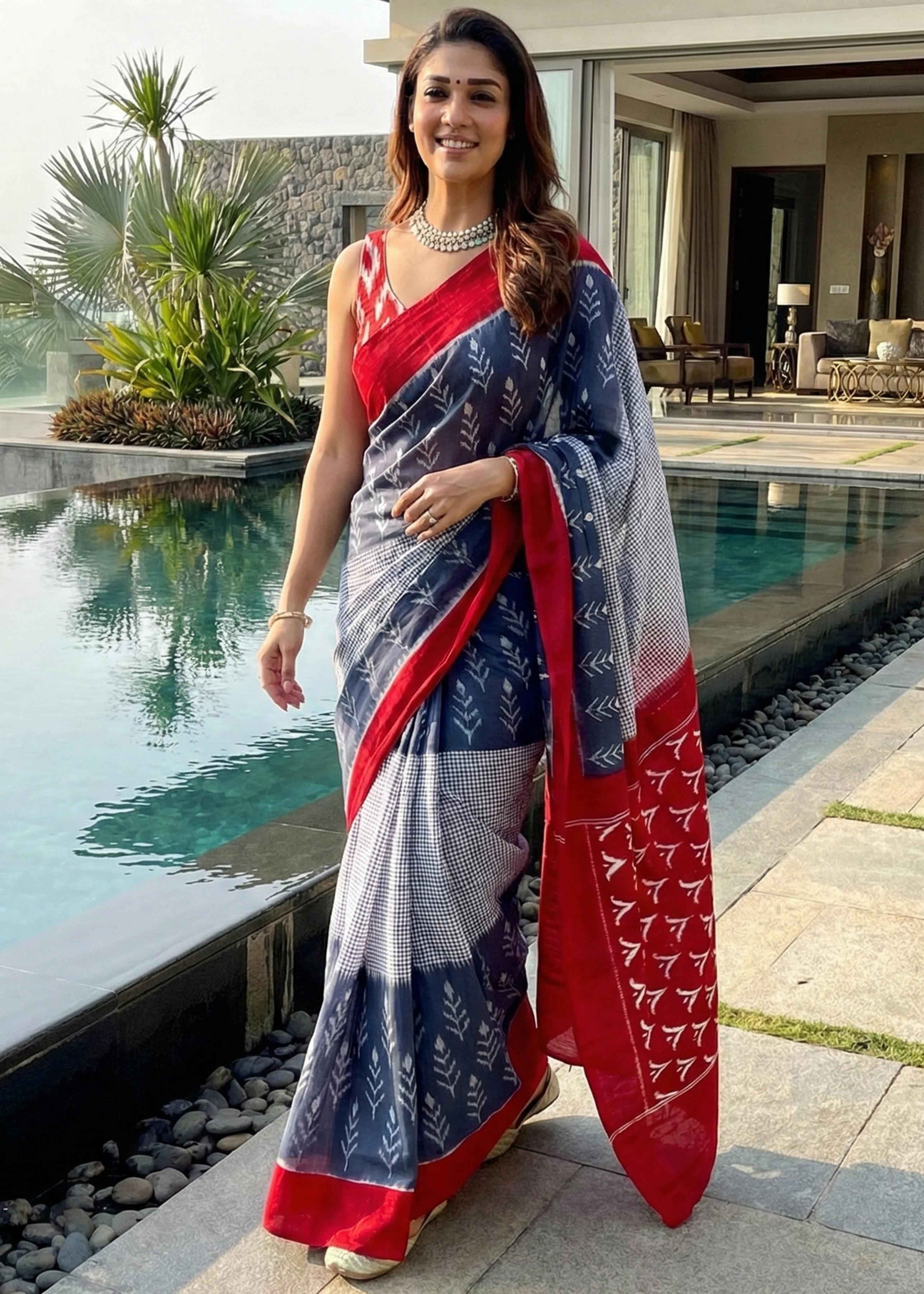 Grey Pure Soft Malmal Cotton Ikkat Hand Block Cotton Saree