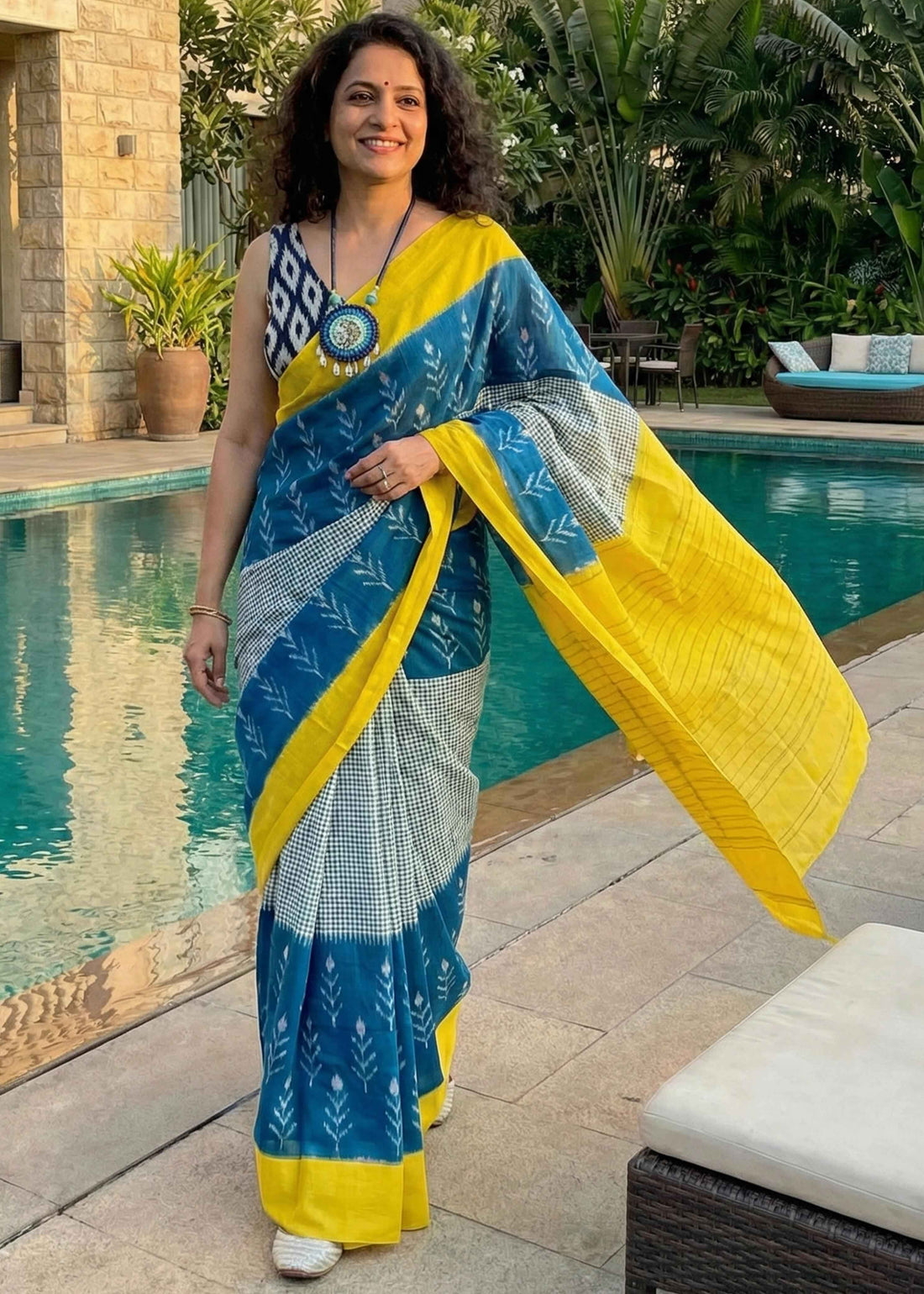 Blue Pure Soft Malmal Cotton Ikkat Hand Block Cotton Saree