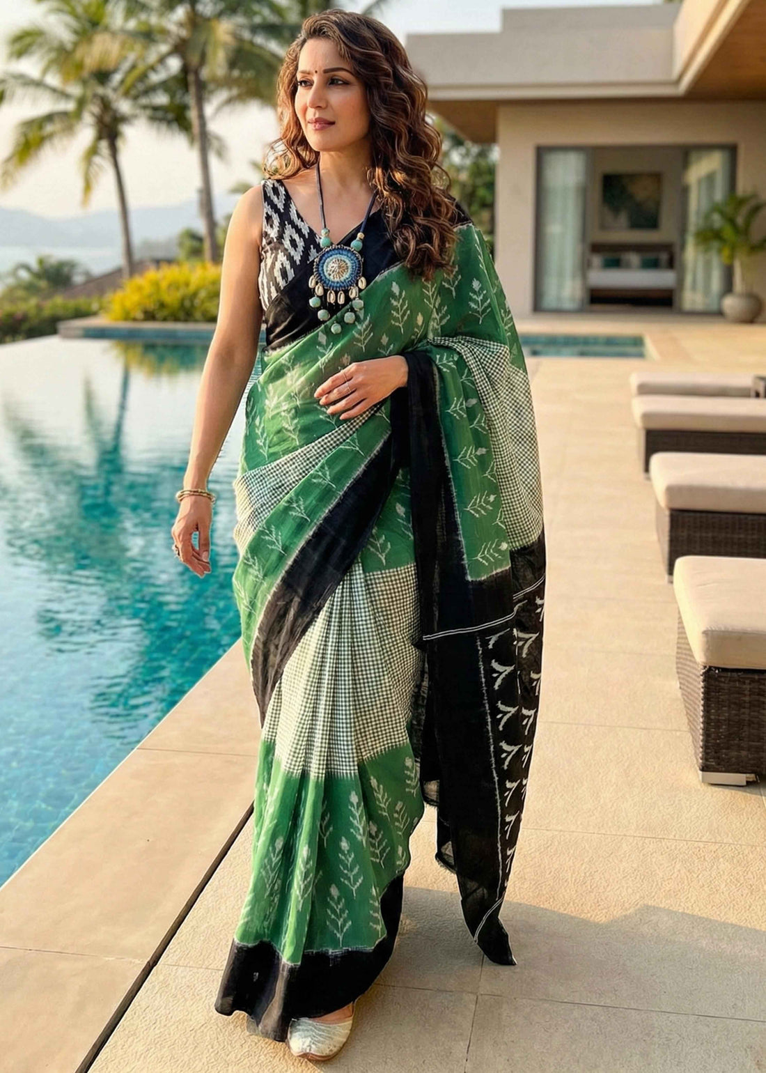 Green Pure Soft Malmal Cotton Ikkat Hand Block Cotton Saree