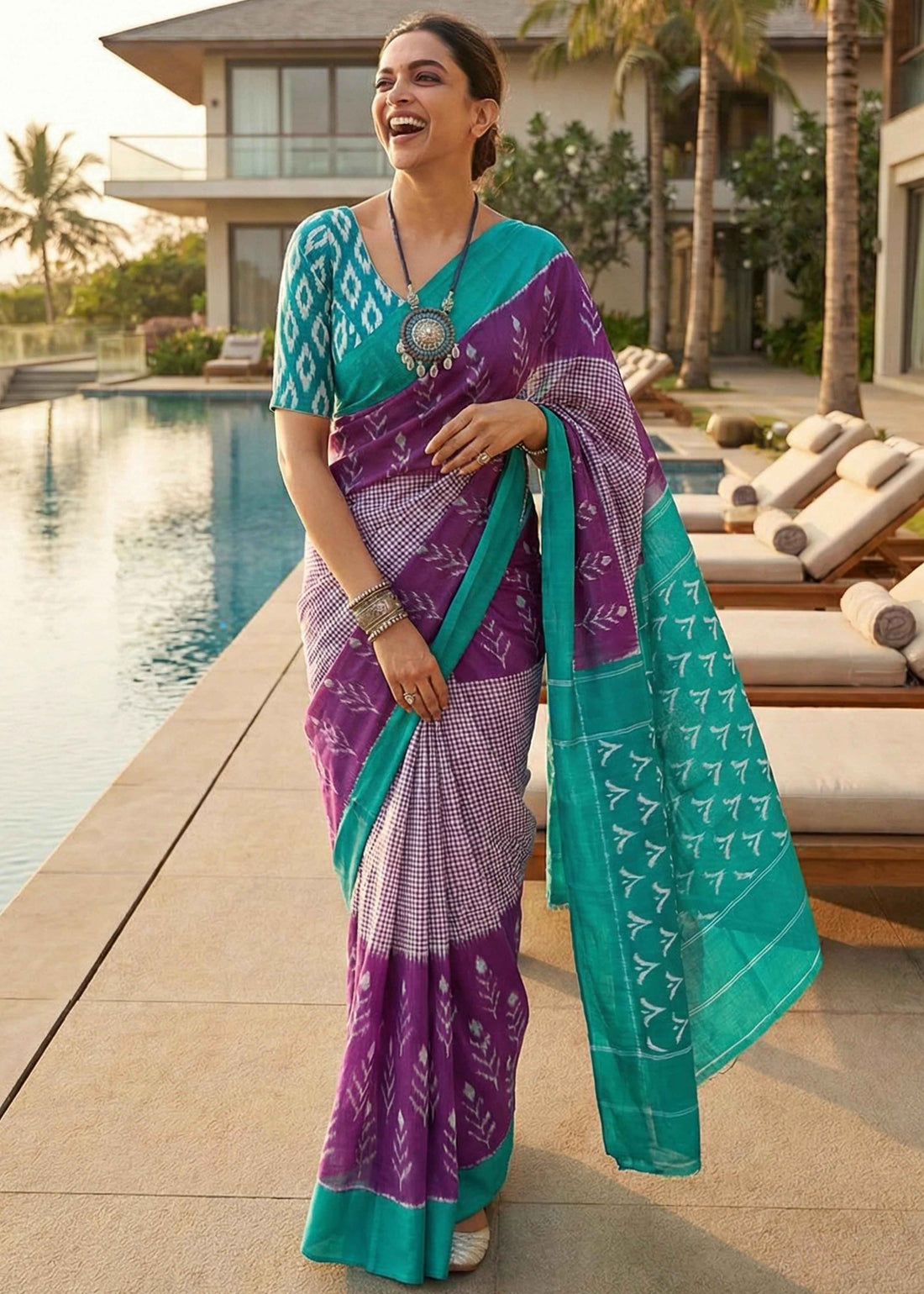 Purple Pure Soft Malmal Cotton Ikkat Hand Block Cotton Saree