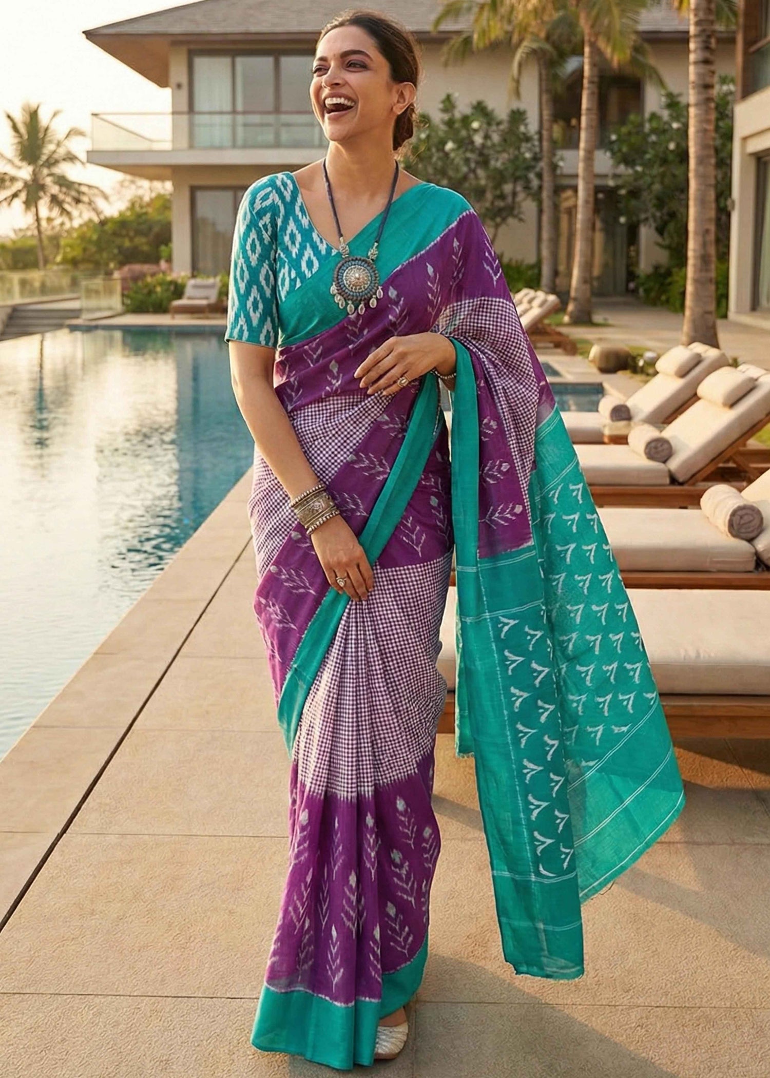 Purple Pure Soft Malmal Cotton Ikkat Hand Block Cotton Saree