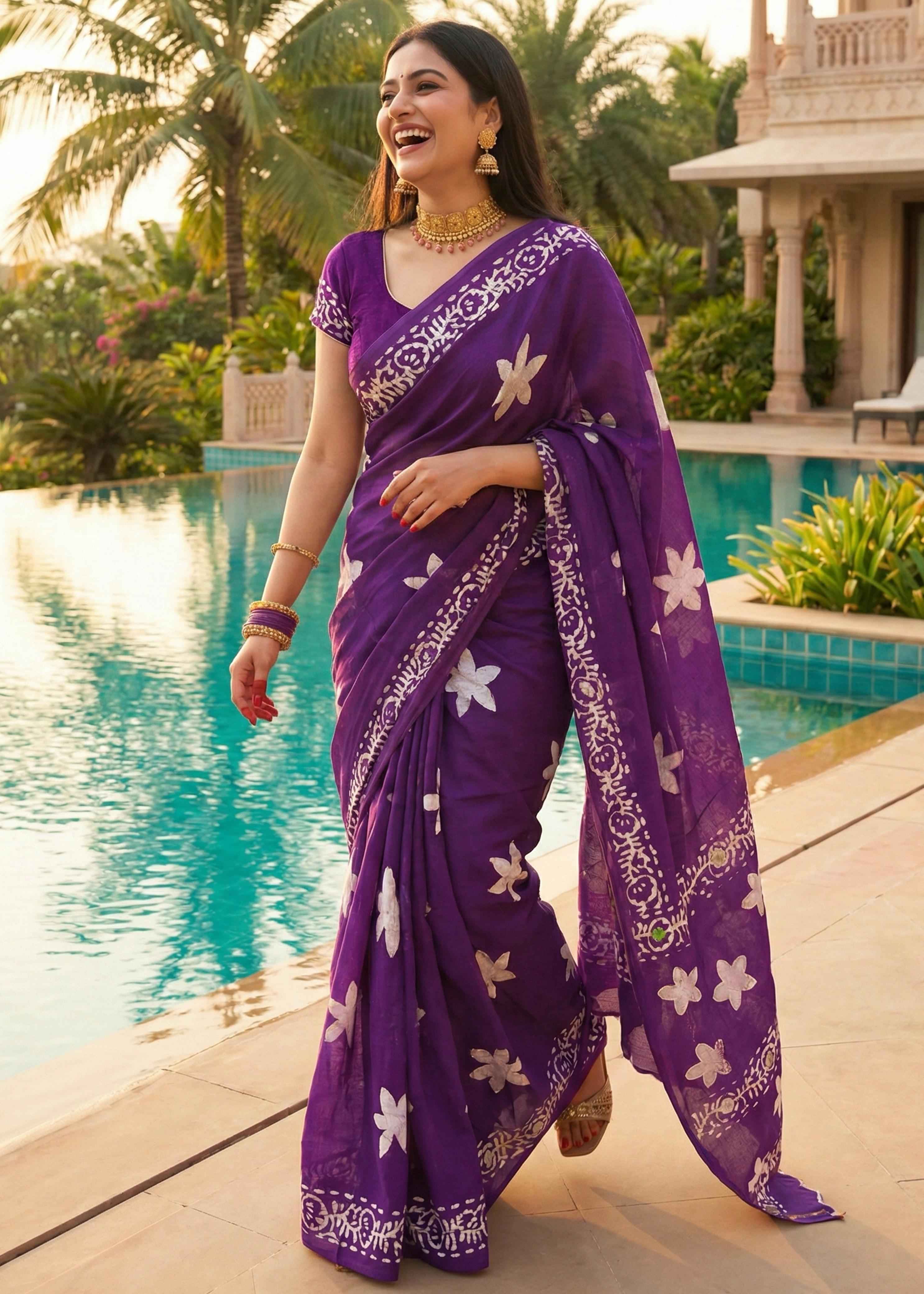 Purple Pure Soft Malmal Cotton Ikkat Hand Block Cotton Saree