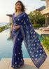 Blue Pure Soft Malmal Cotton Ikkat Hand Block Cotton Saree