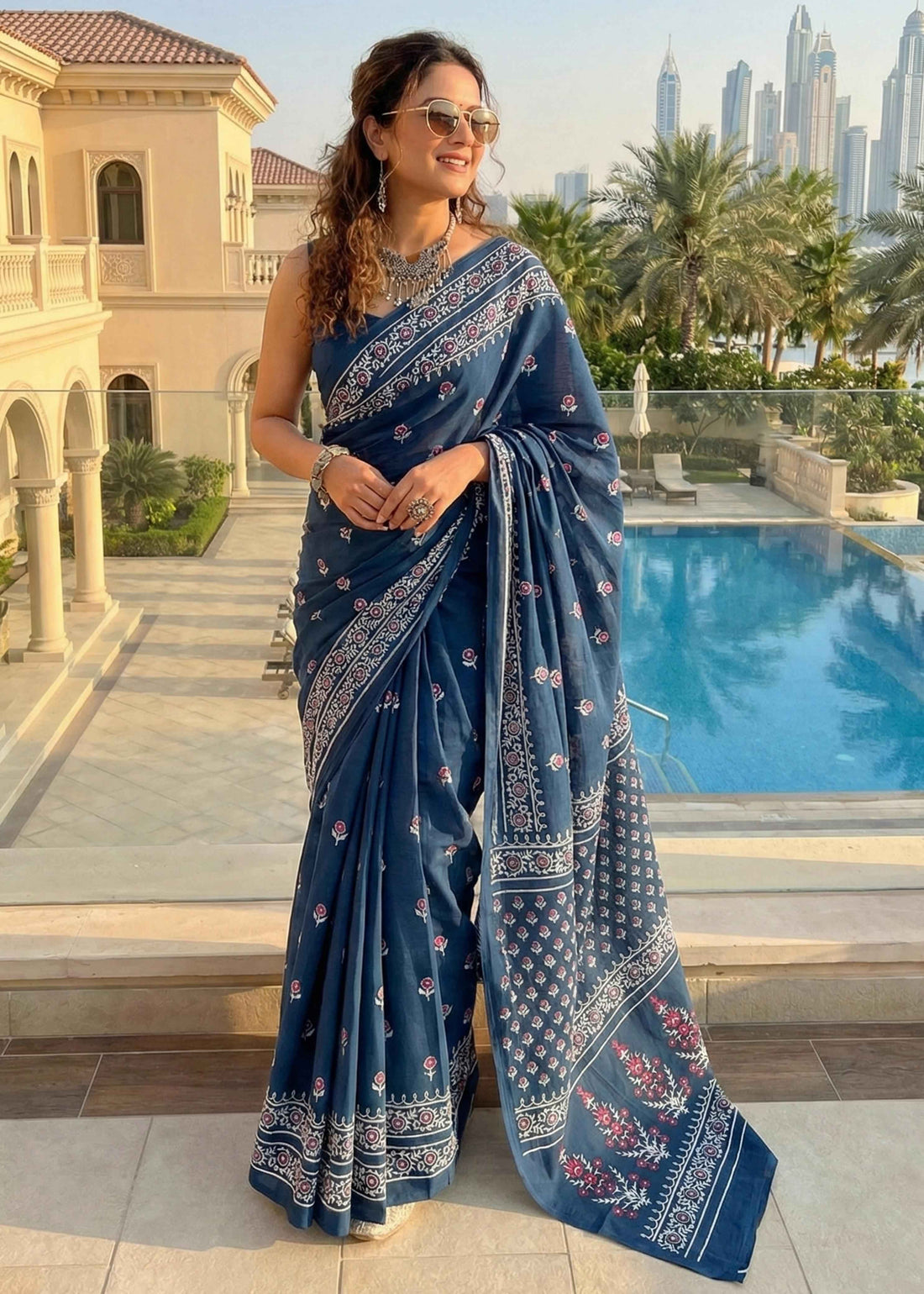 Blue Pure Soft Malmal Cotton Ikkat Hand Block Cotton Saree