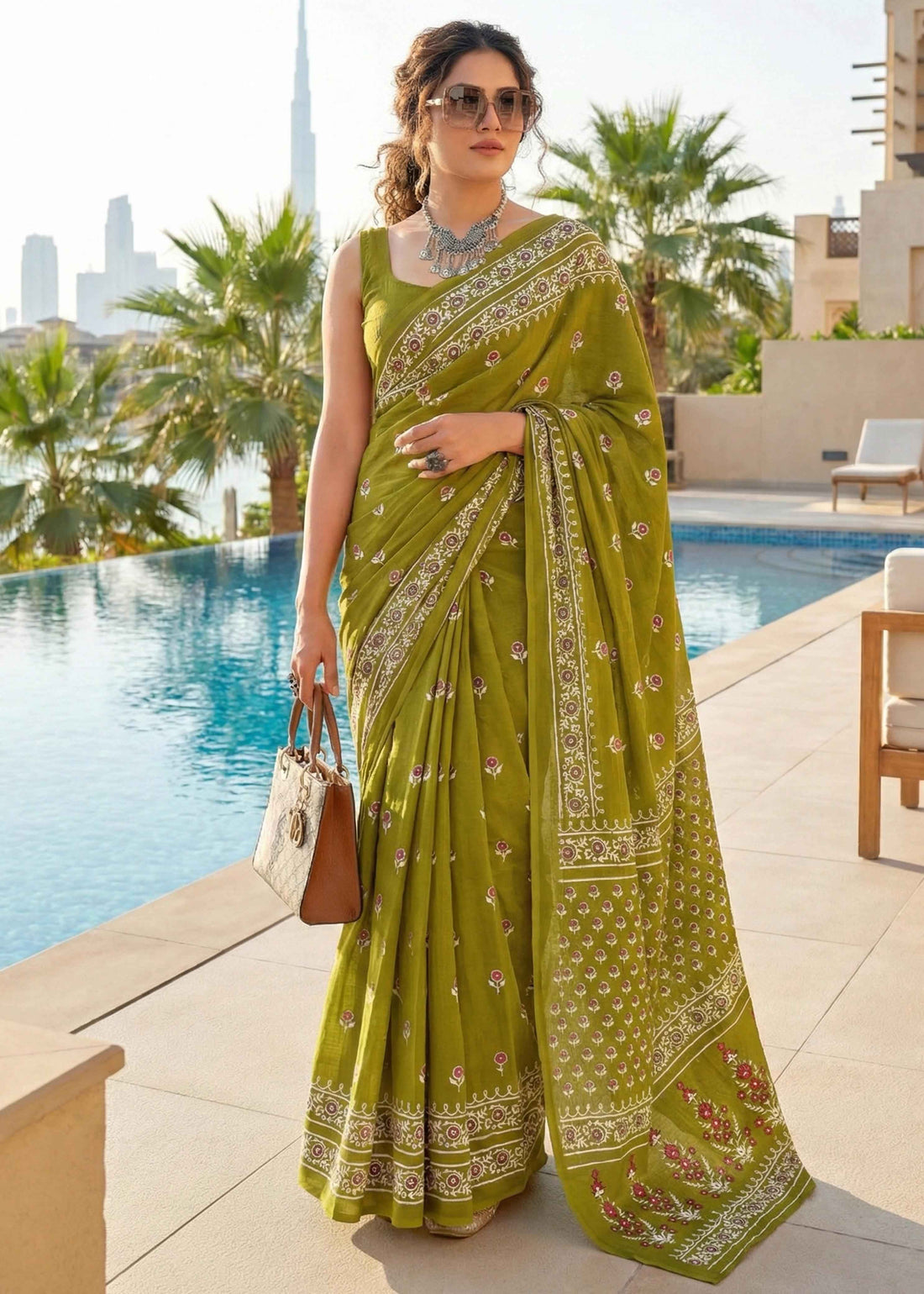 Green Pure Soft Malmal Cotton Ikkat Hand Block Cotton Saree