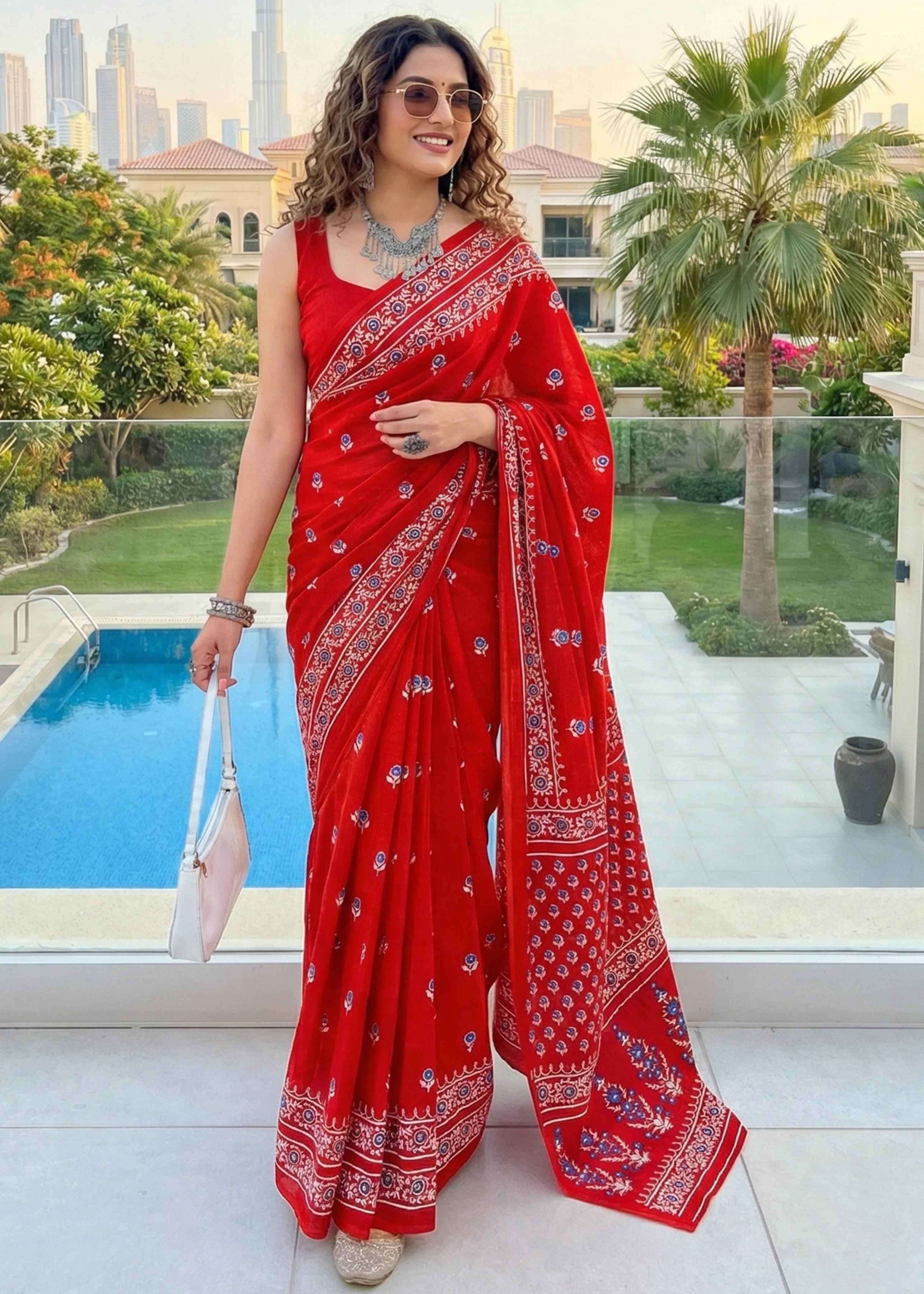 Red Pure Soft Malmal Cotton Ikkat Hand Block Cotton Saree